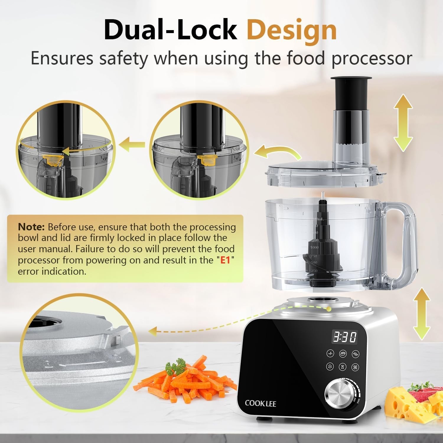 12-Cup Electric Food Processor: 600 Watts with Safety Lock & Touchpad Controls