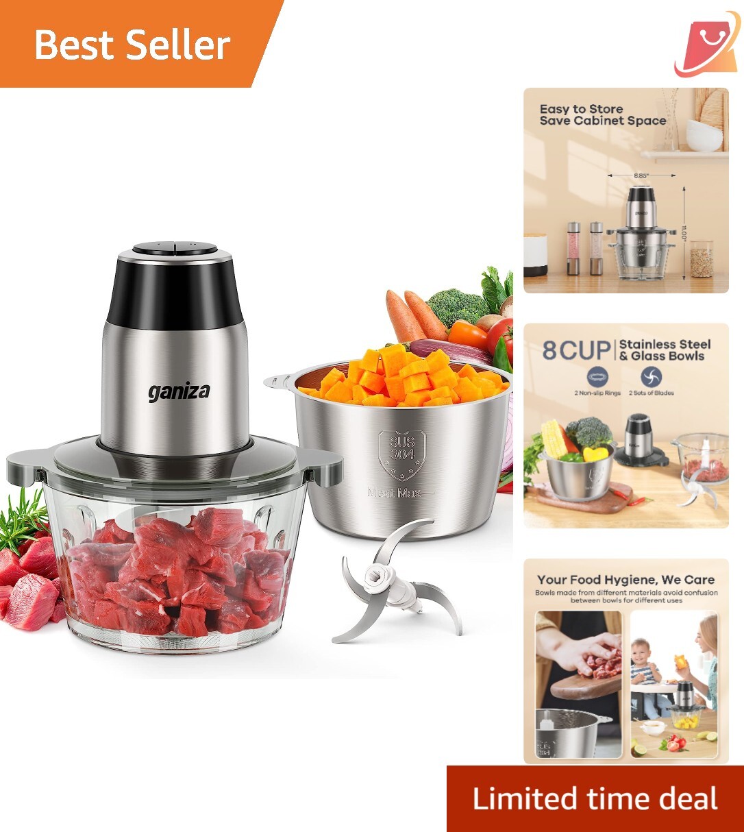 Electric Food Processor 8 Cup 450W Chopper Meat & Veggie 2 Speed Kitchen Helper
