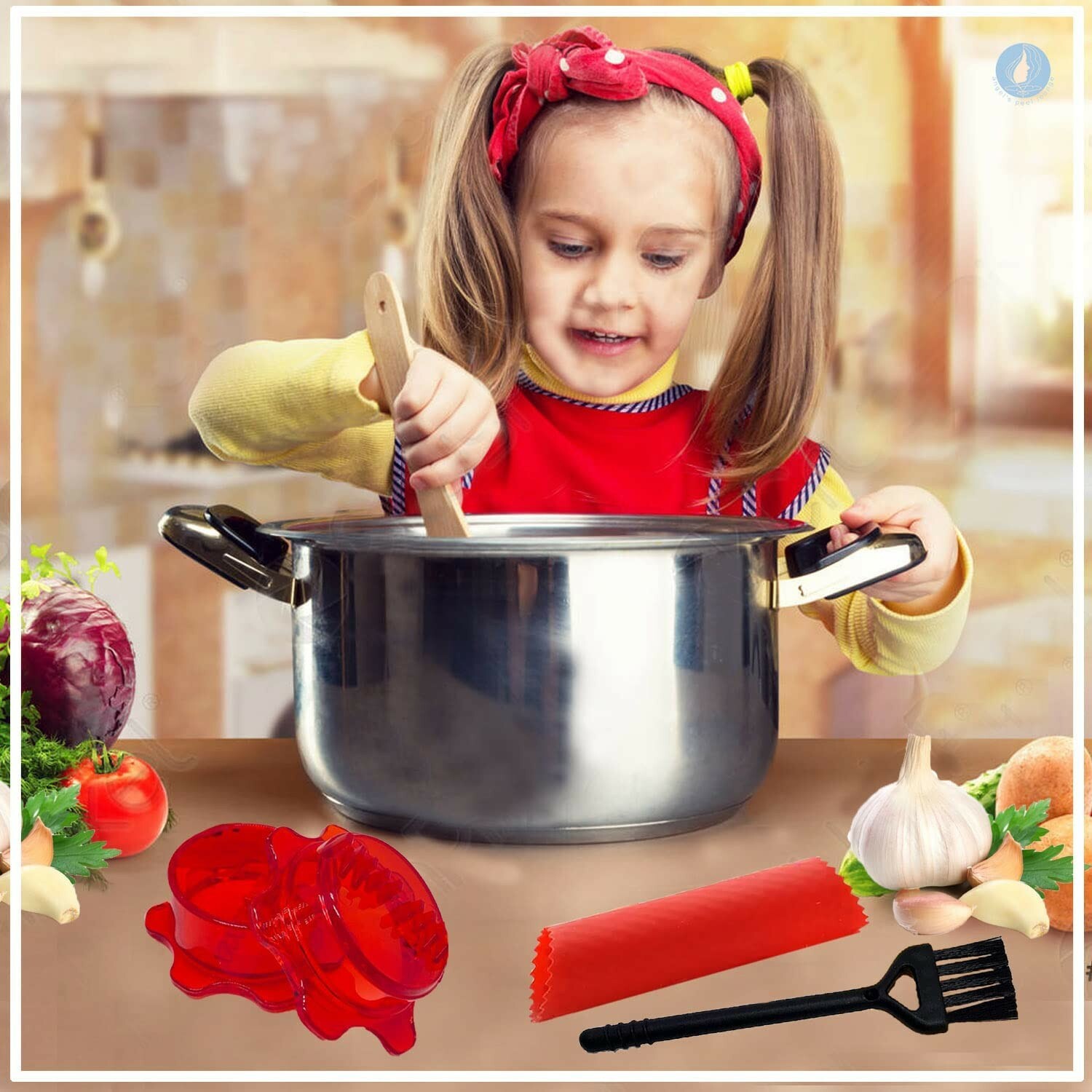 Garlic Mincer Press with a Twist fourth Generation(red mincer with peeler brush)
