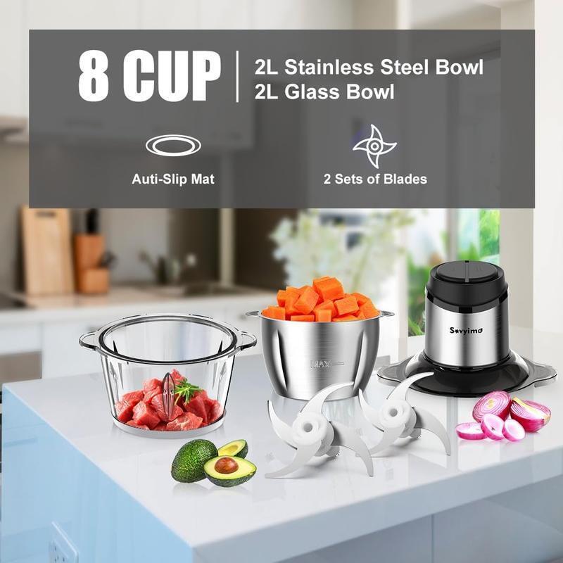 Electric Food Processor Meat Grinder Mini Chopper 2 Bowls 4 Blades 350W 8 Cups