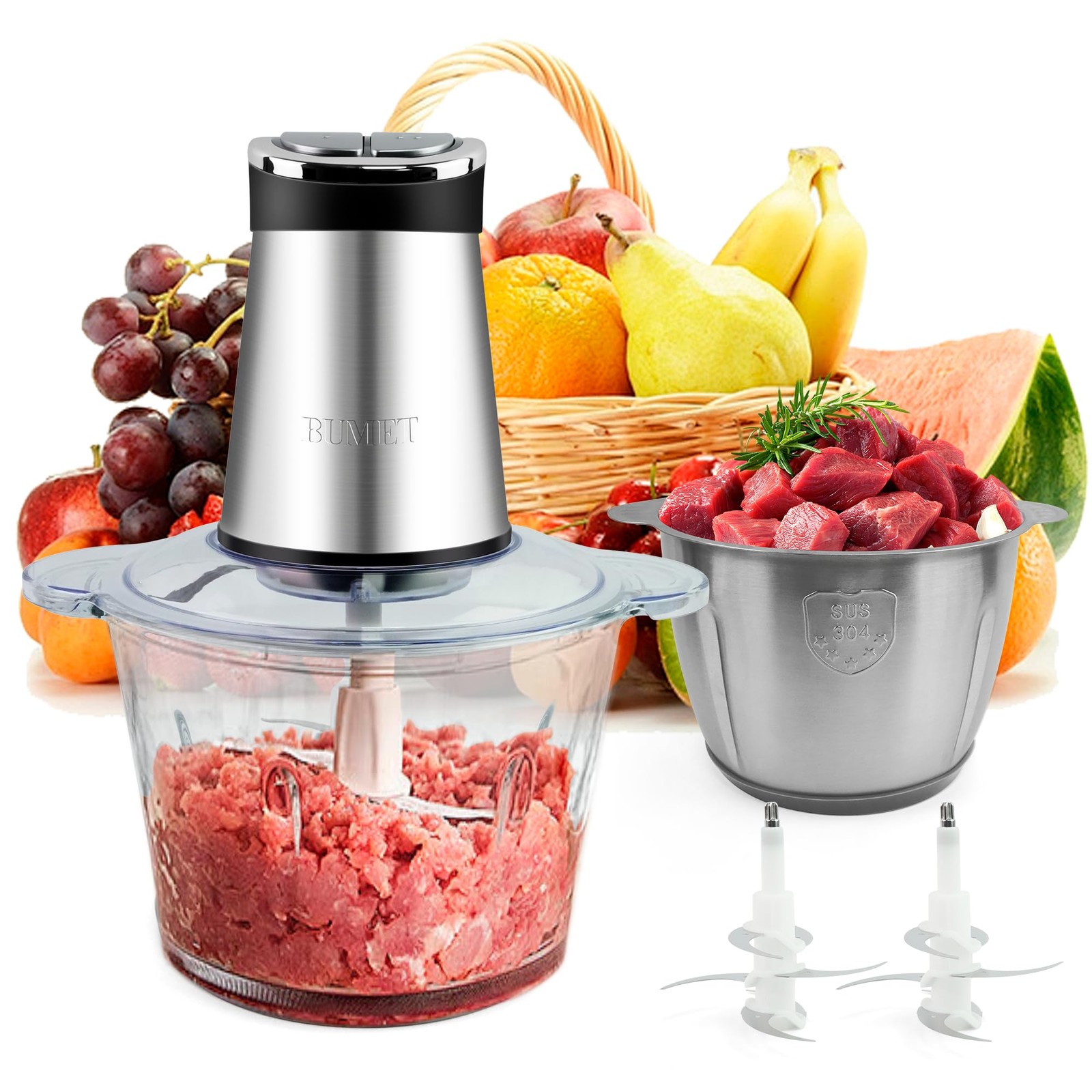 800W Electric Food Processor 2x12Cup 6Blade Chopper Meat Veggies Pet Food
