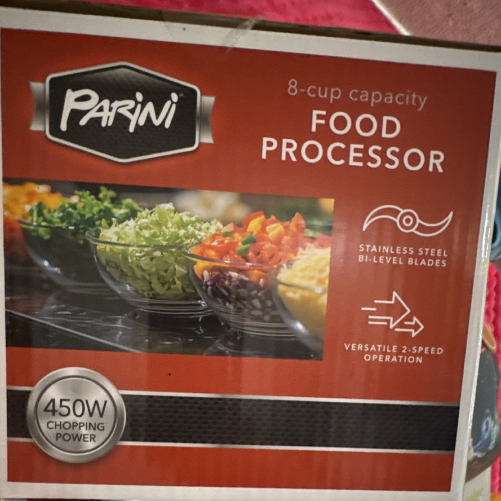 Parini 8-Cup Food Processor Glass Bowl Stainless Steel Blades BPA-Free 450W