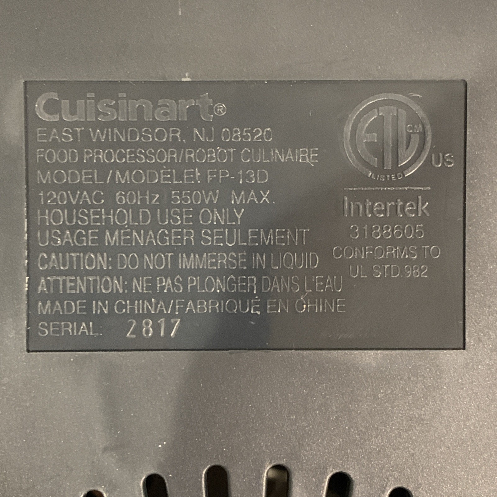 Cuisinart FP-13D Food Processor Housing Base Gun-Metal Gray Motor Body Tested