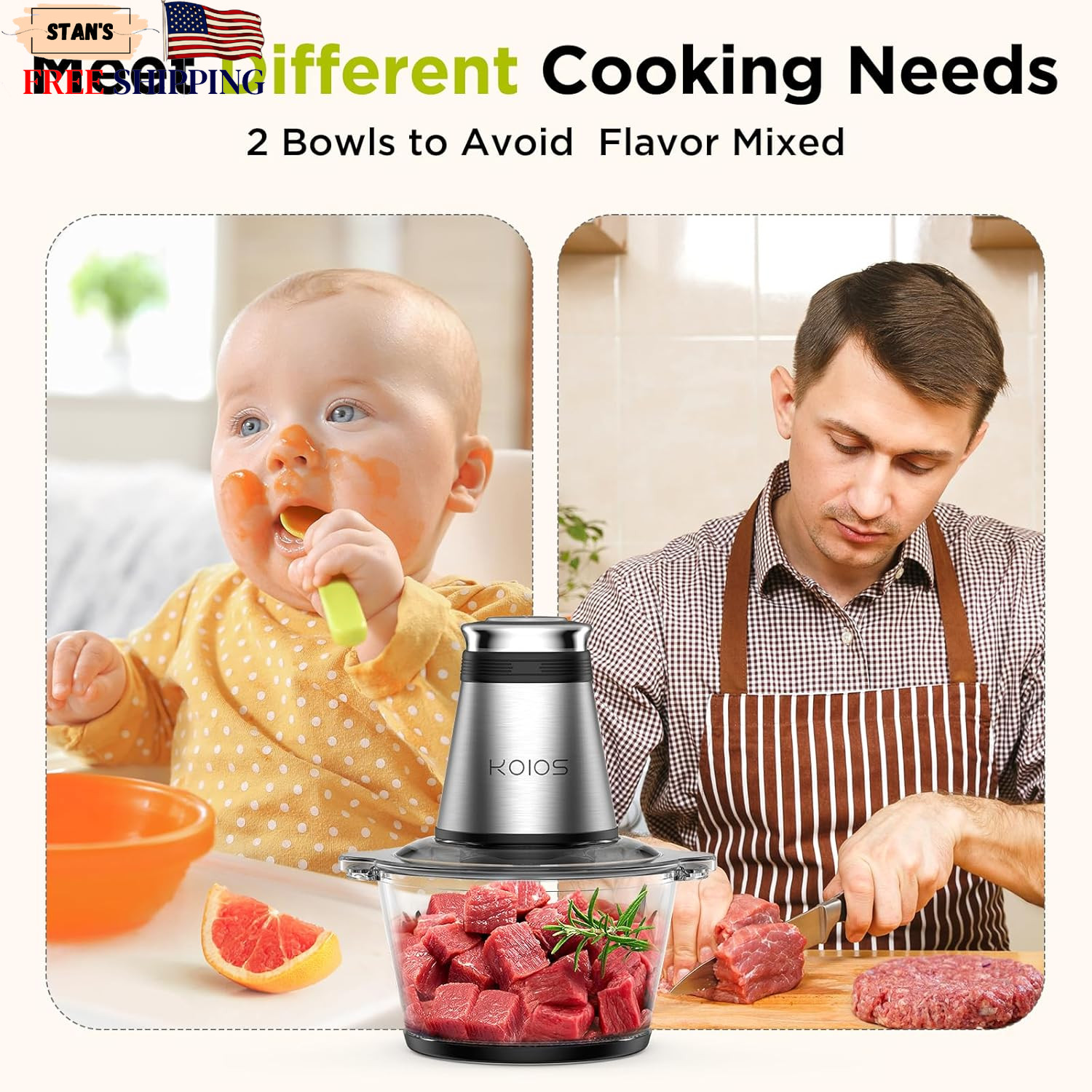 KOIOS Food Processor, 500W Electric Food Chopper with 2 Bowls 8 Cup+8 Cup NEW