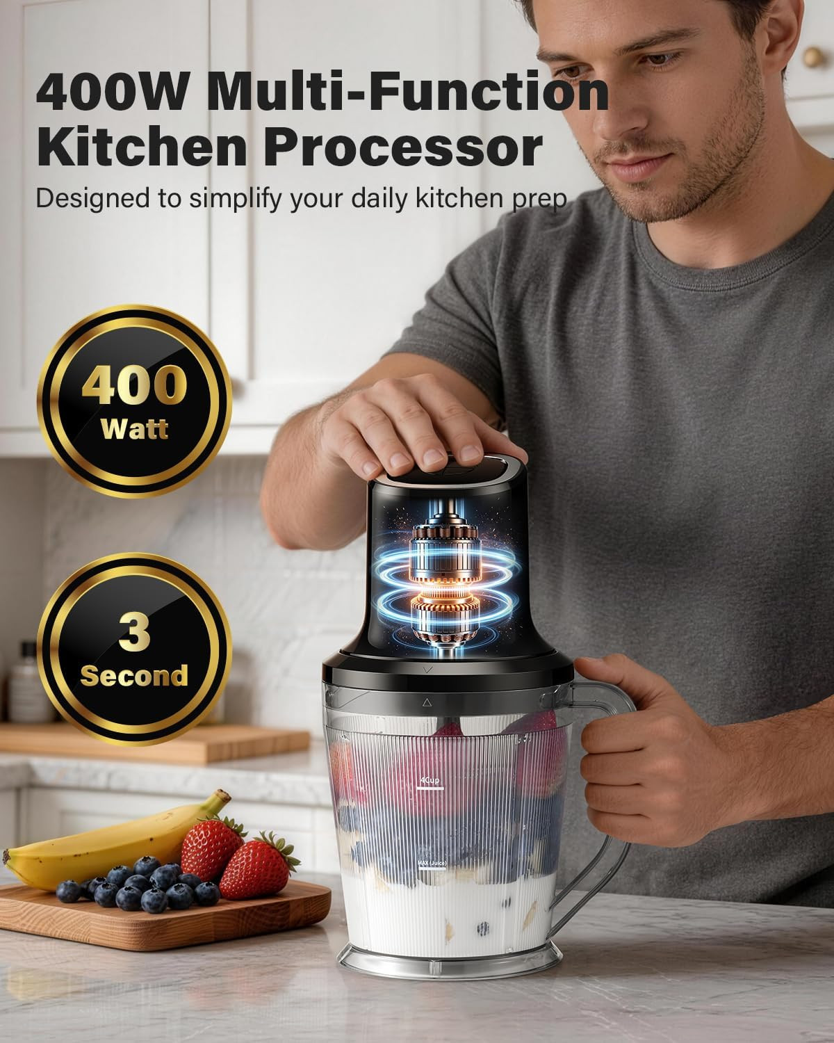 3-In-1 Small Food Processor/Blender, 400W Powerful Food Chopper with 6-Cup Jar,