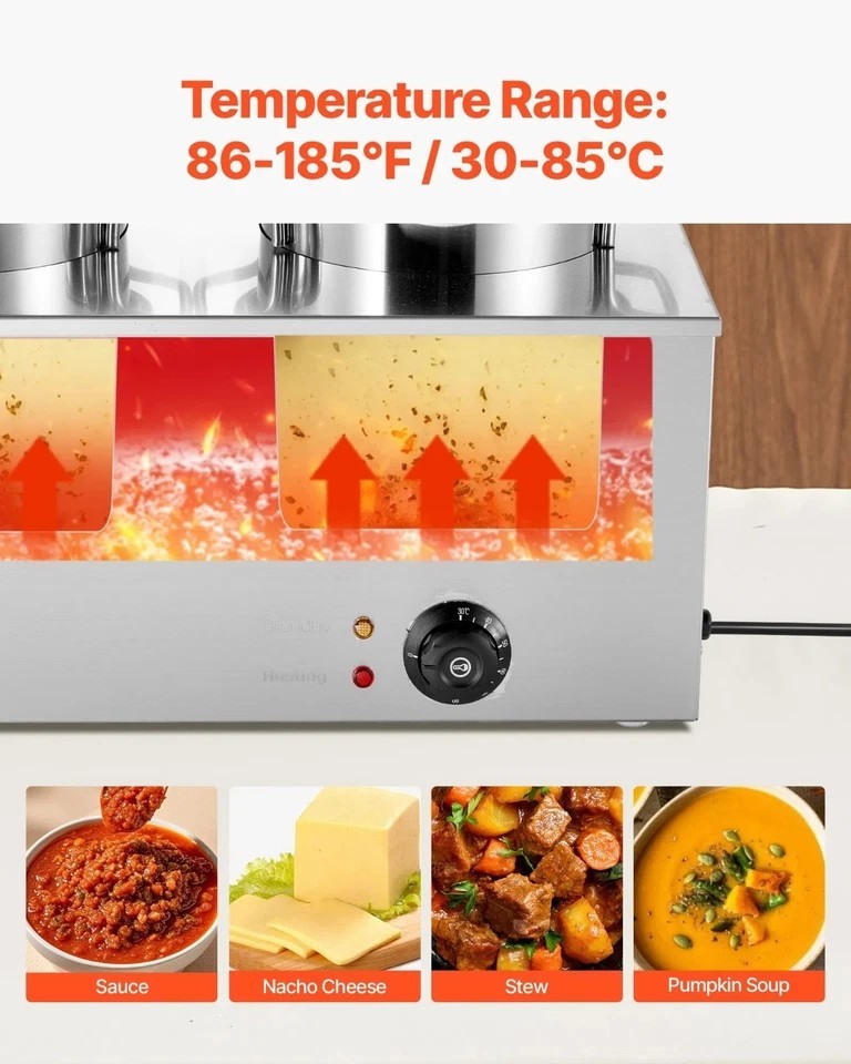 Electric Soup Warmer Two 6.34QT Stainless Steel Round Pot with 86~185 Fahrenheit