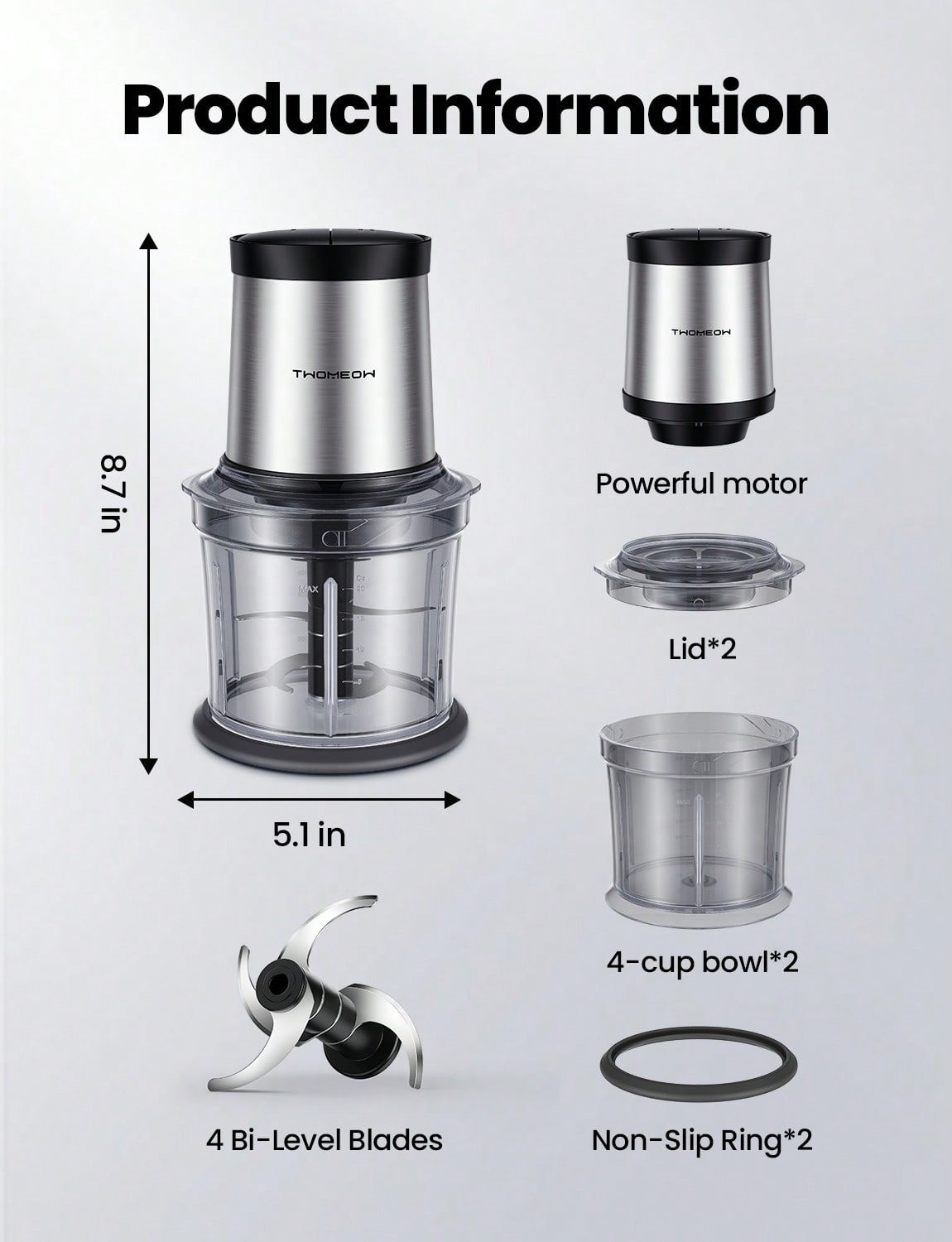 4 Cup Electric Food Chopper 2 Bowls 2 Speed 4 Blades Meat Grinder Vegetable