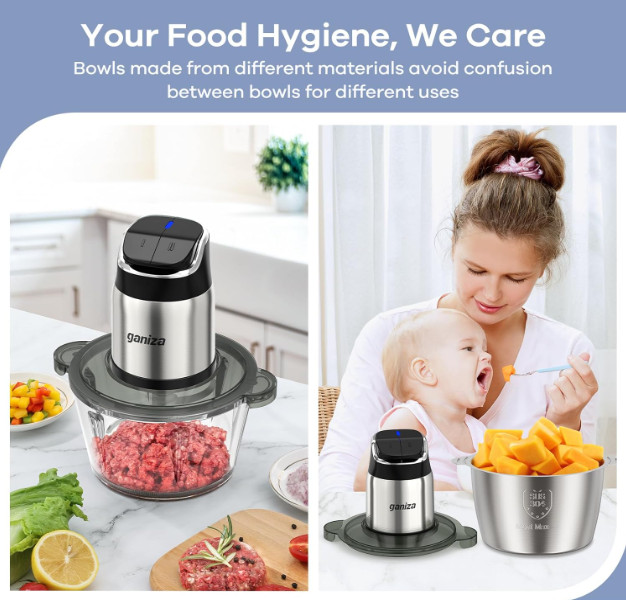 Ganiza Food Processor 2-Speed Meat Chopper w/ 8-Cup Steel & Glass Bowls