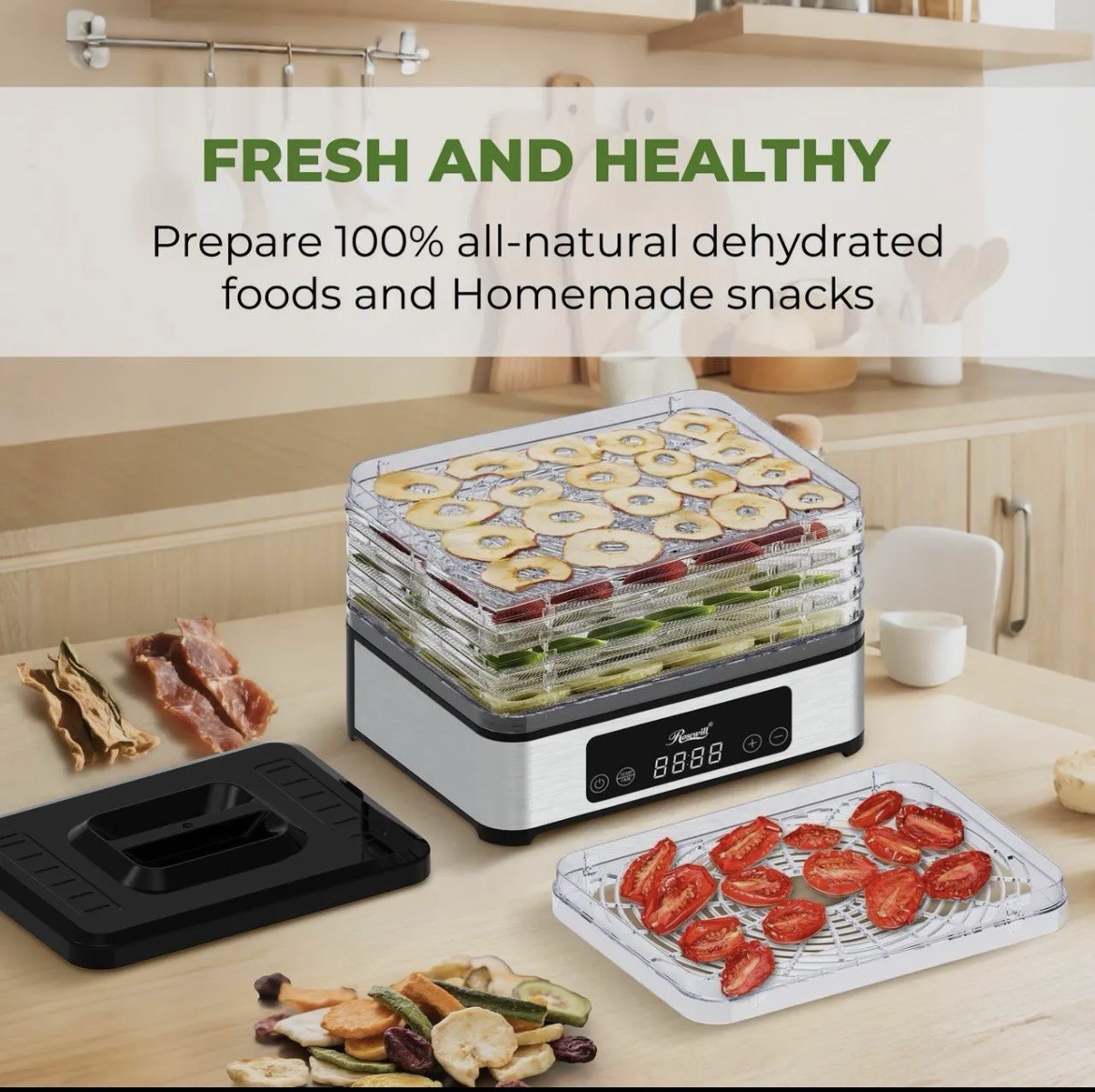 Rosewill Compact Food Dehydrator, 5 Stackable Trays with Adjustable 48H Timer an