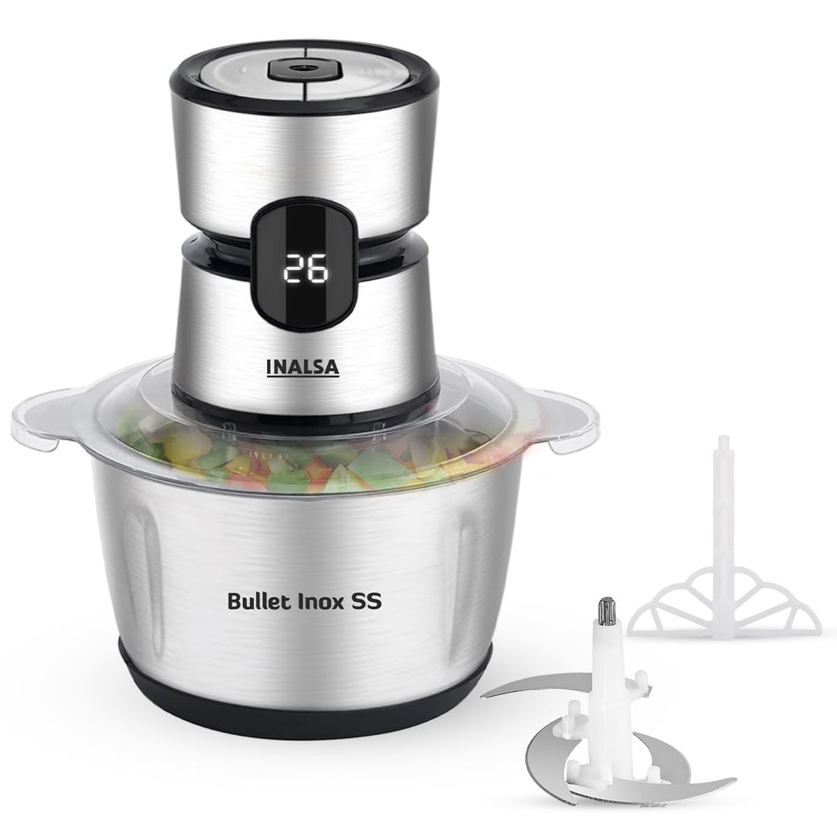 INALSA Electric Chopper Digital Display 500W 2L Processing Bowl Spatula Chopping