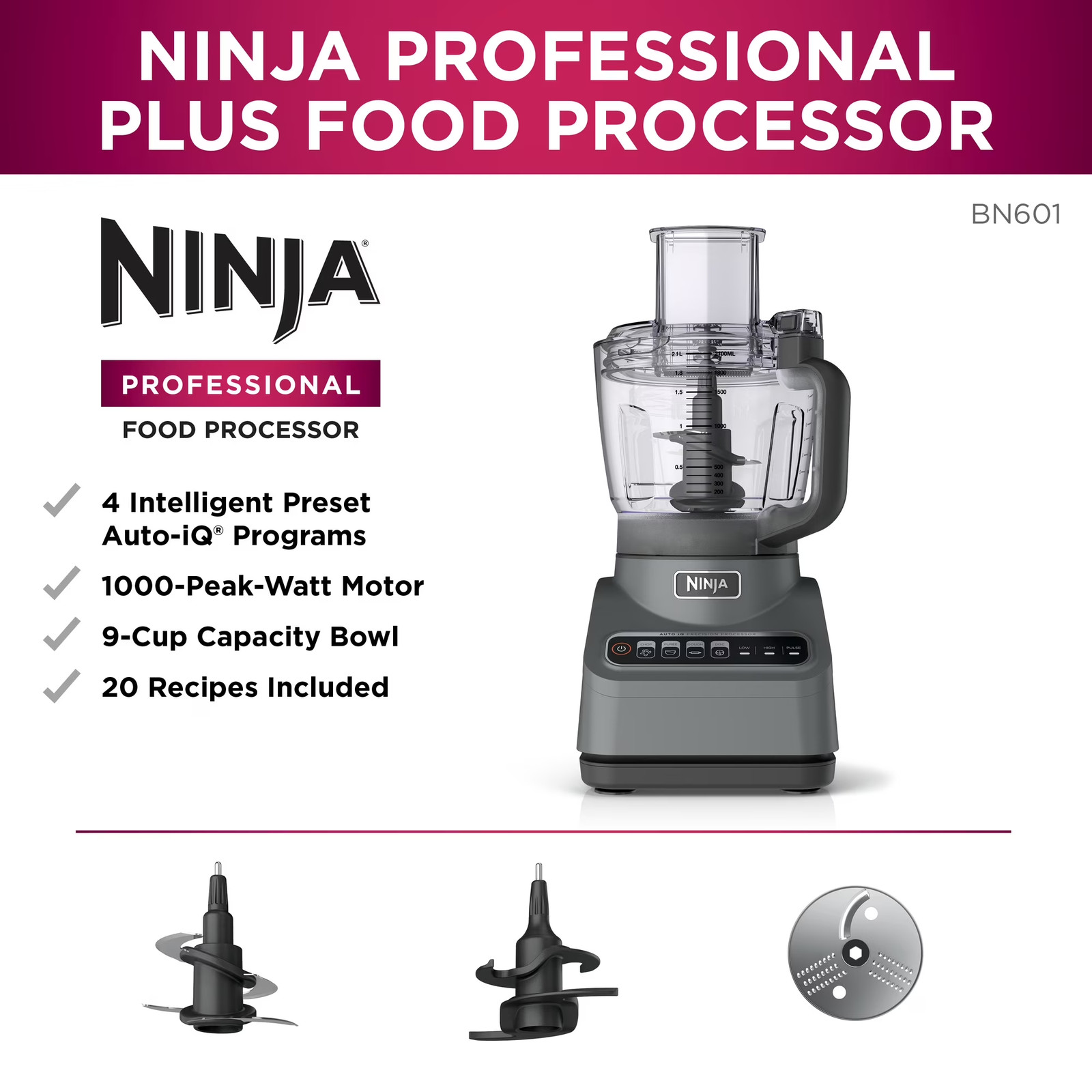 Ninja BN601 9-Cup Food Processor 1000W Auto-iQ Chopper Silver