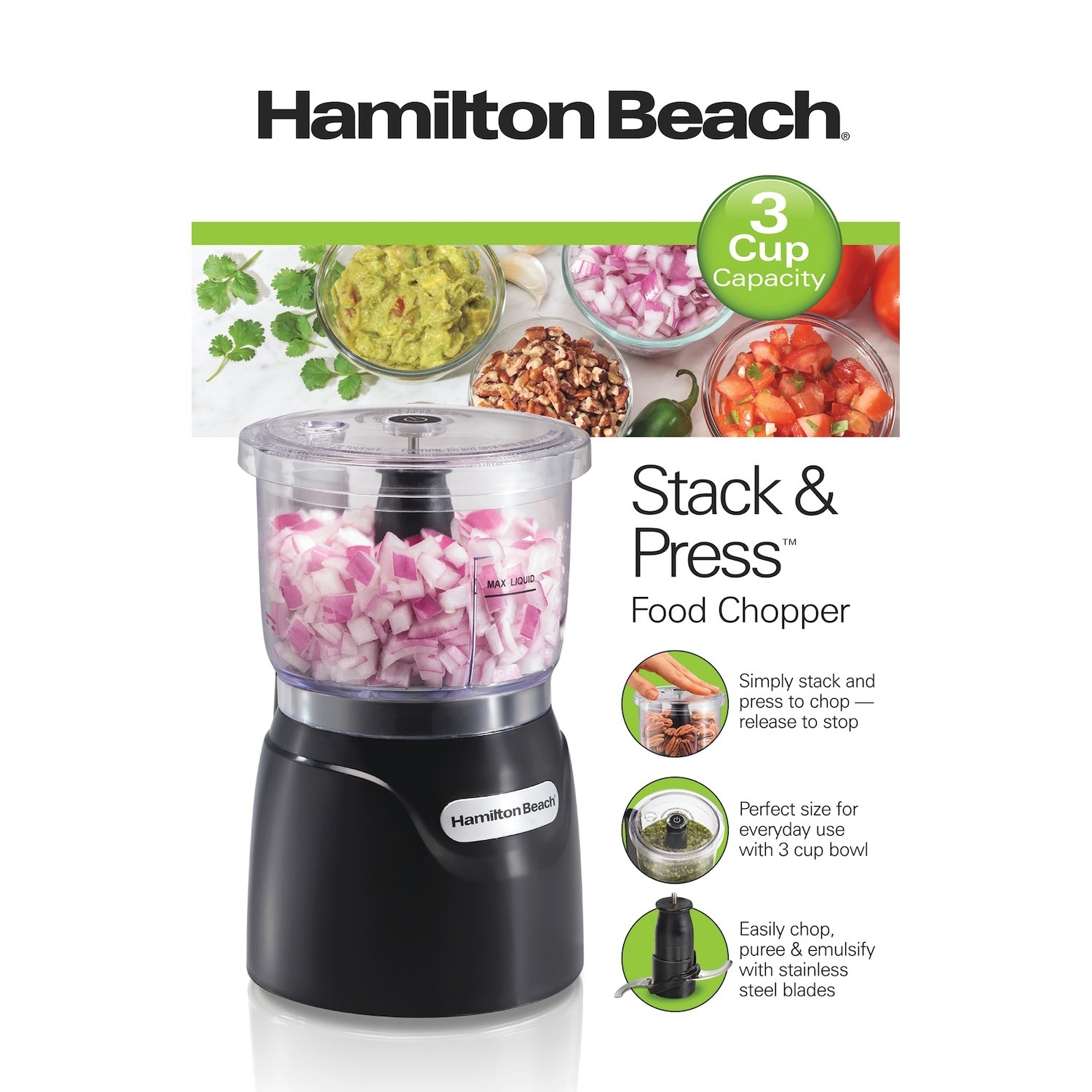 Hamilton Beach 72890F Stack & Press Food Chopper 3-Cup Kitchen Processor