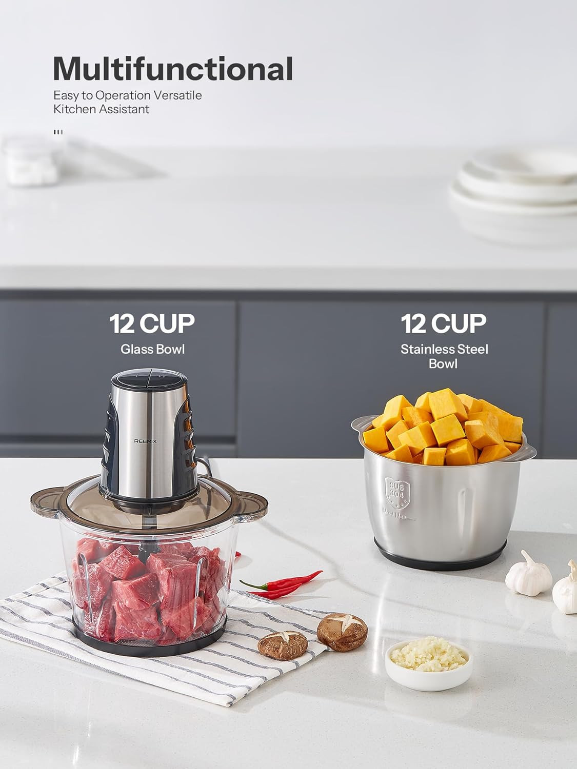 Food Processors with 2 Large Bowls(12 Cup+12 Cup), Electric Chopper with Powerf