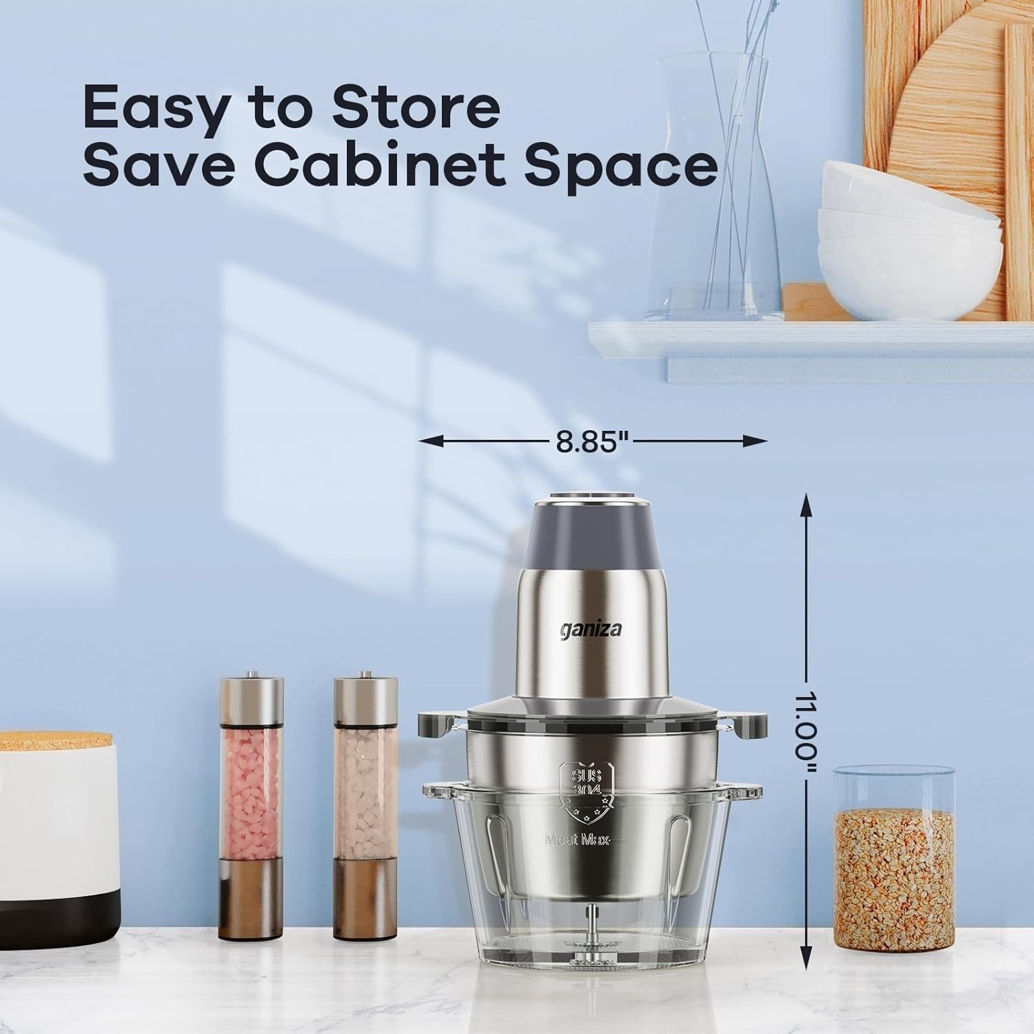 450W Electric Food Processor with Dual 8-Cup Bowls & Safety Lock in Grey