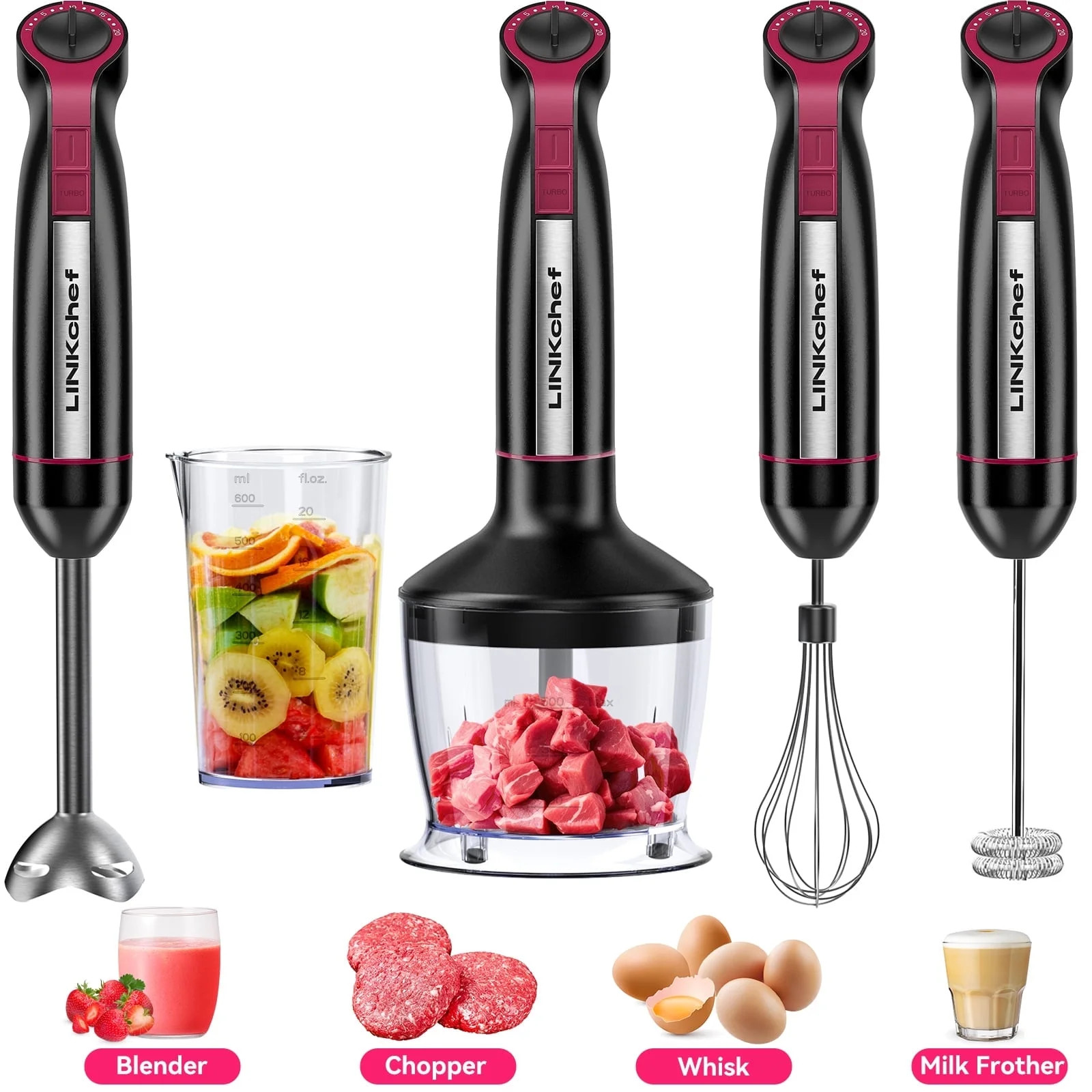 Immersion Blender 20-Speed 1000W 5-in-1 Hand Stick Turbo Processor Black WA