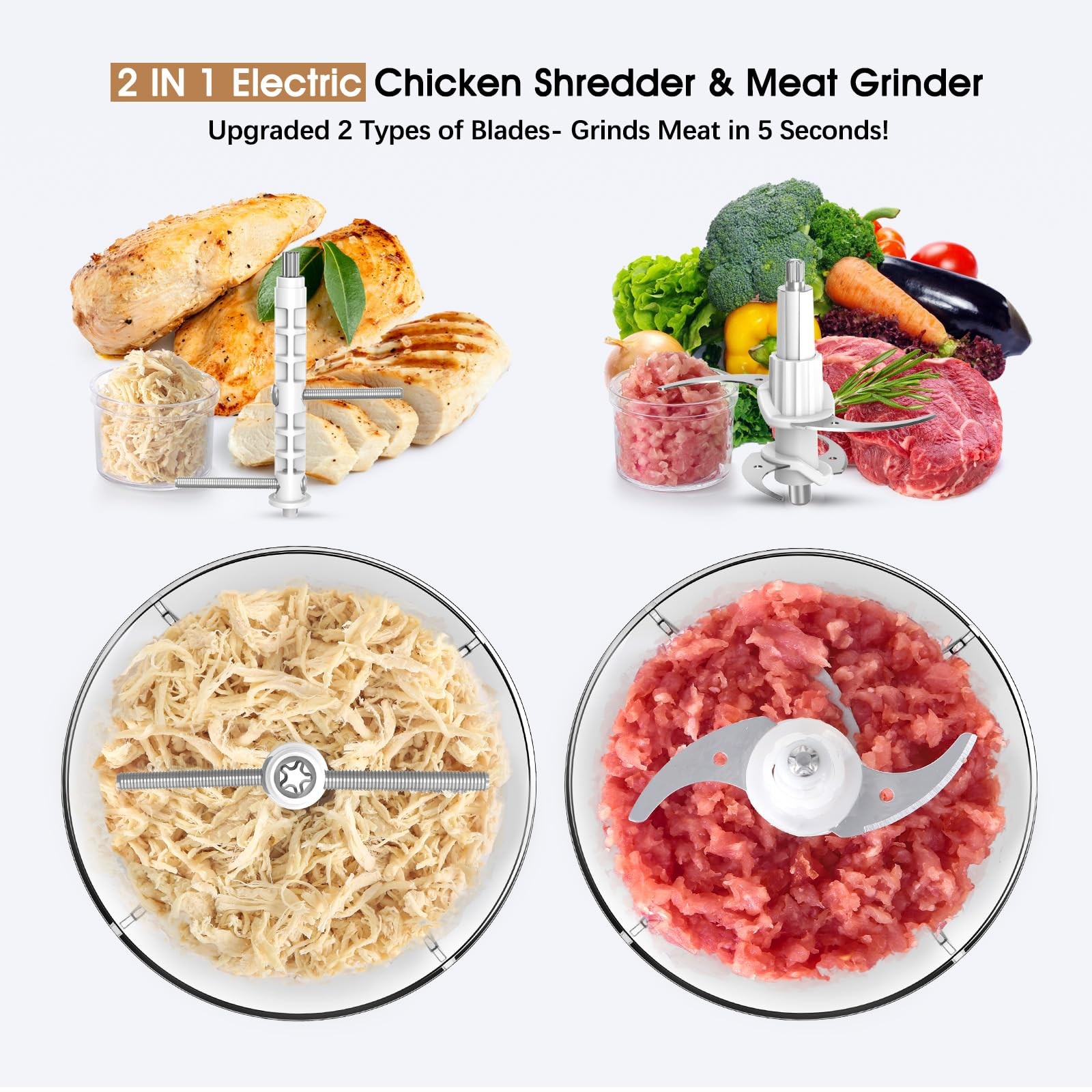 Food Processors, 2 IN 1 Electric Chicken Shredder &Food Chopper with 250W Cop…