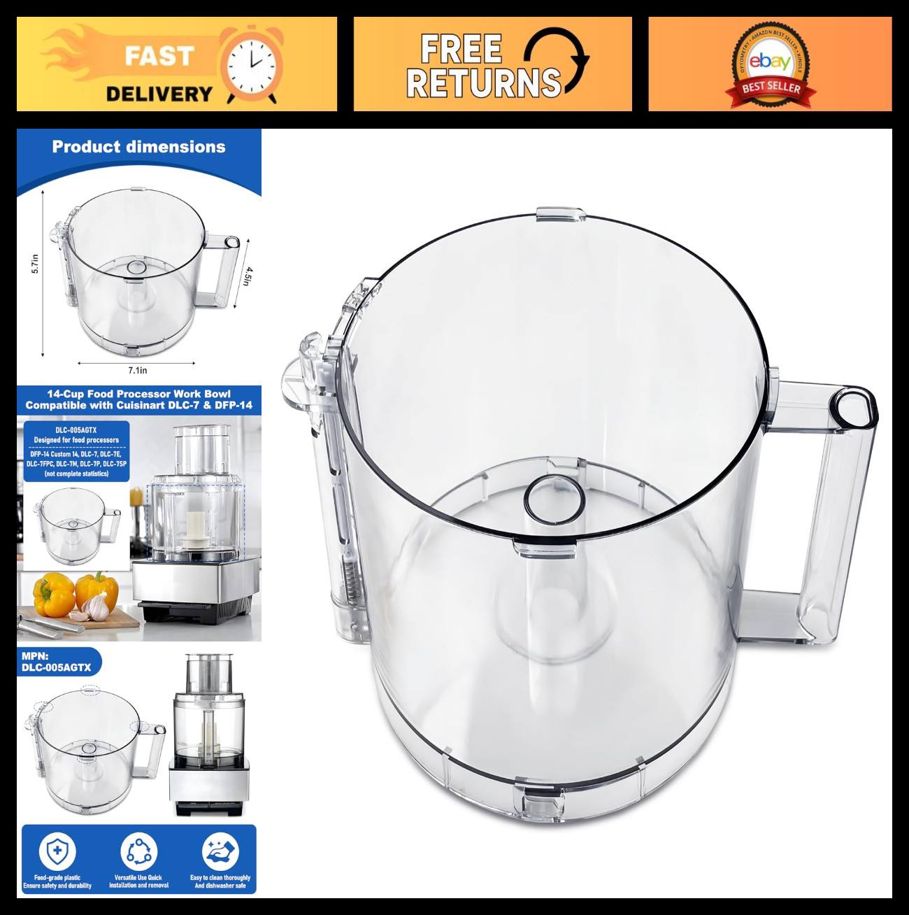 14-Cup Food Processor Bowl Compatible with DFP-14 Series, 4 Locking Clips