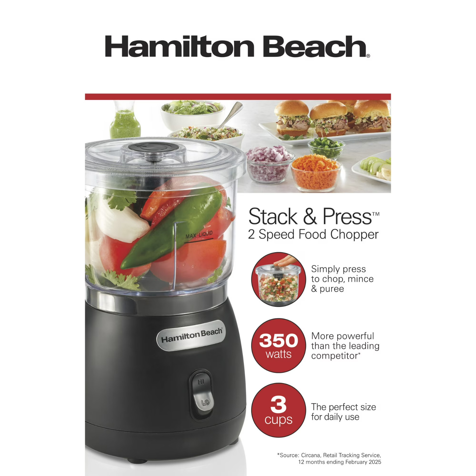 Hamilton Beach Stack & Press 3-Cup Mini Food Chopper Processor 2 Speed Black