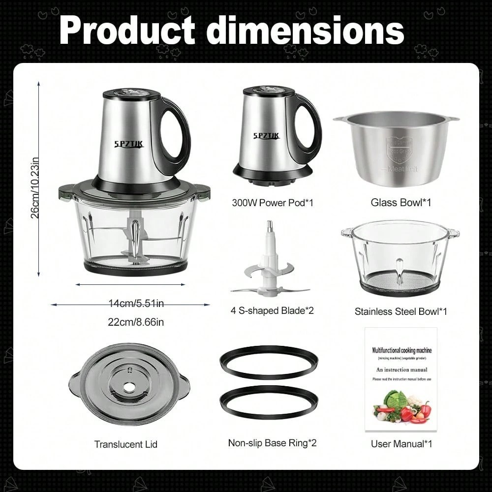 SPZTJK Electric Food Processor 2L Chopper Meat Grinder 4 Sharp Blades 2 Speed