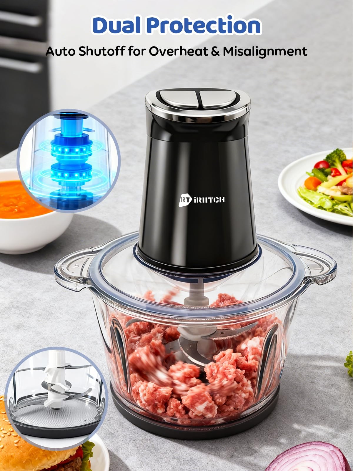 IRIITCH Food Processor with Timer, 800W Chopper with 2 Bowls (12-cups Glass B…