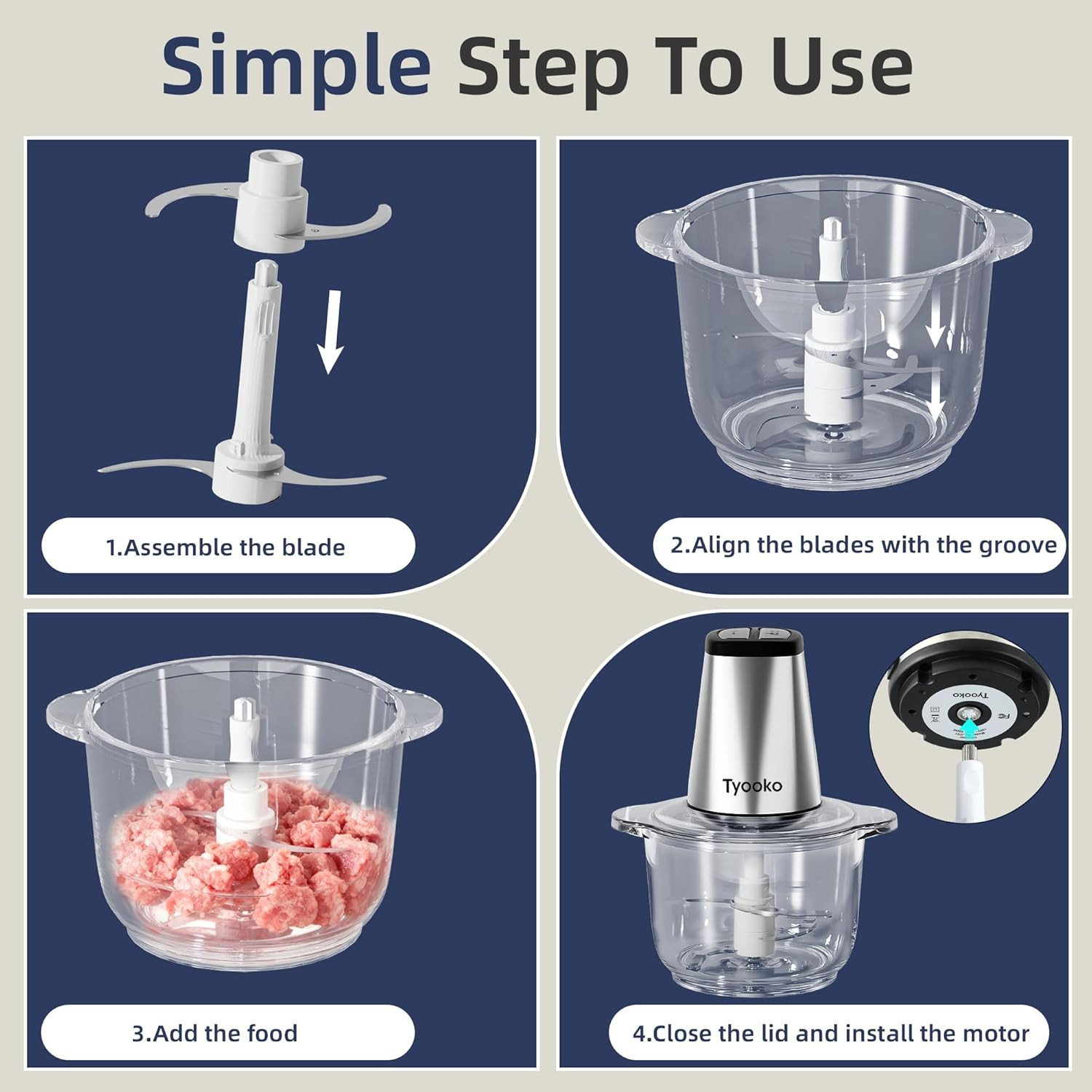 Electric Food Processor Vegetable Chopper, Easy Clean Meat Grinder with 2 Bowls