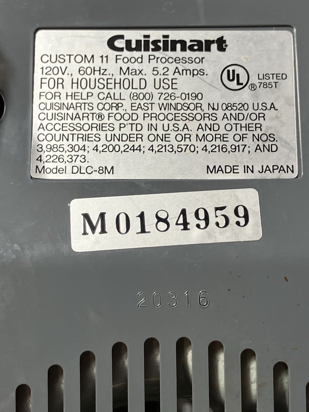 Cuisinart Pro Custom 11 DLC-8M 120V Food Processor Motor Base Replacement Only