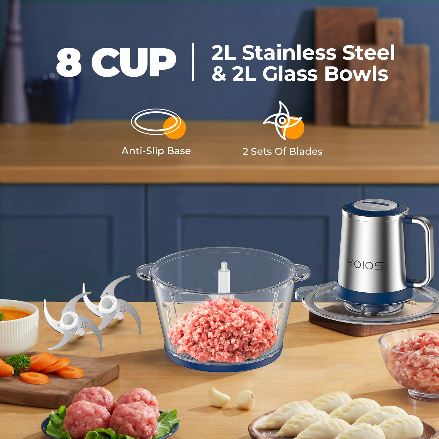 KOIOS 2L Electric Meat Grinder Food Processor Fruits Blender Veg Chopper Blade