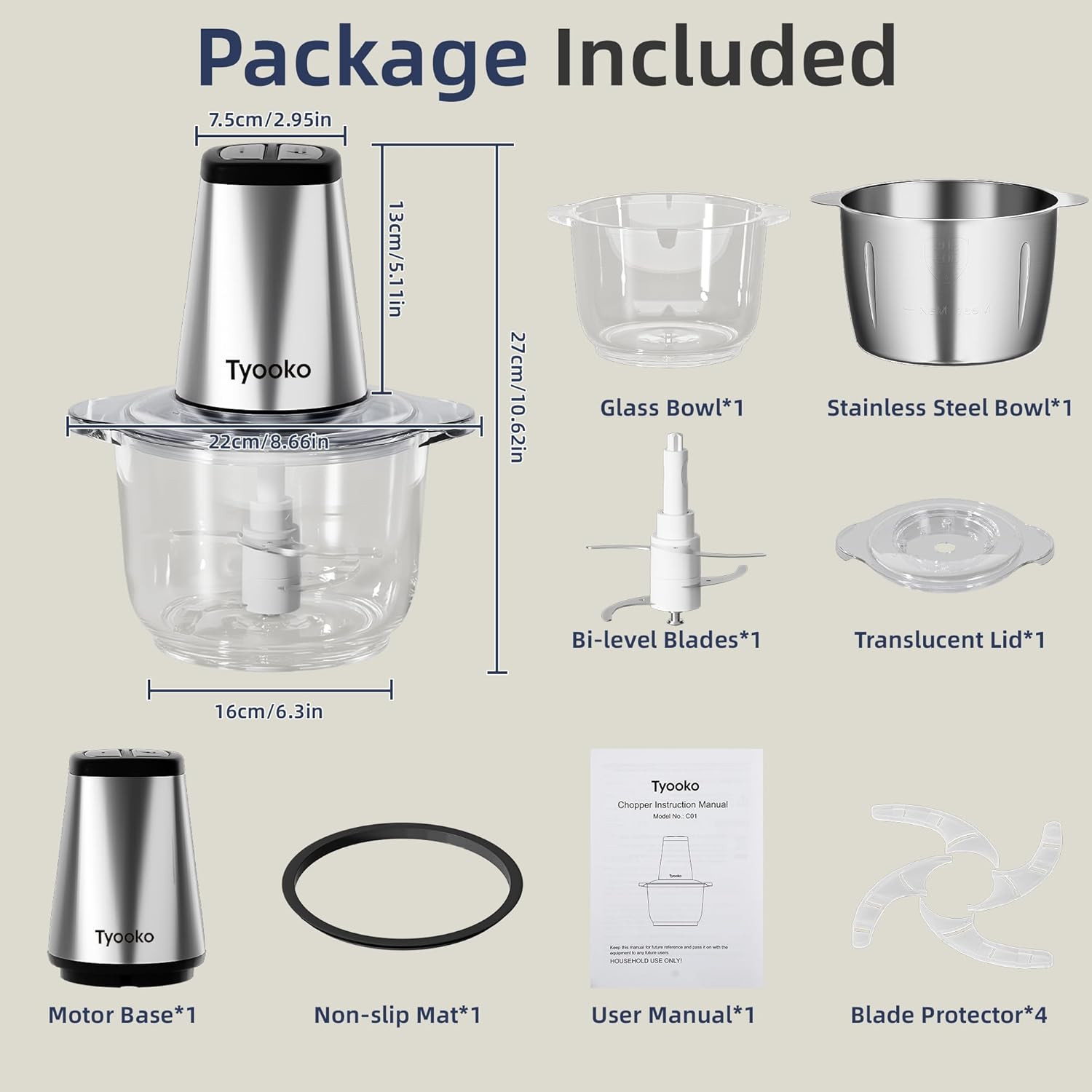 Electric Food Processor Vegetable Chopper, Easy Clean Meat Grinder with 2 Bowls