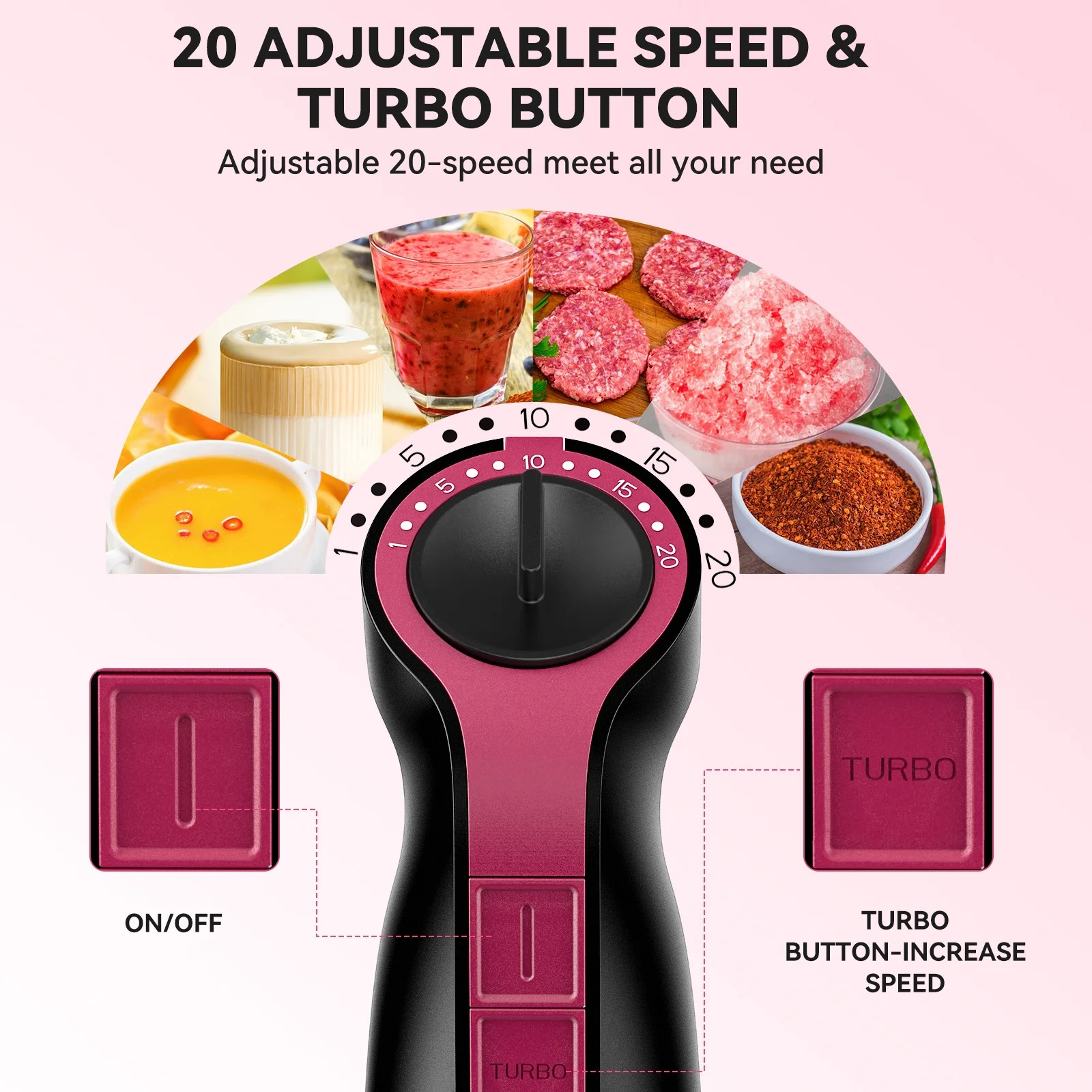 Immersion Blender 20-Speed 1000W 5-in-1 Hand Stick Turbo Processor Black WA
