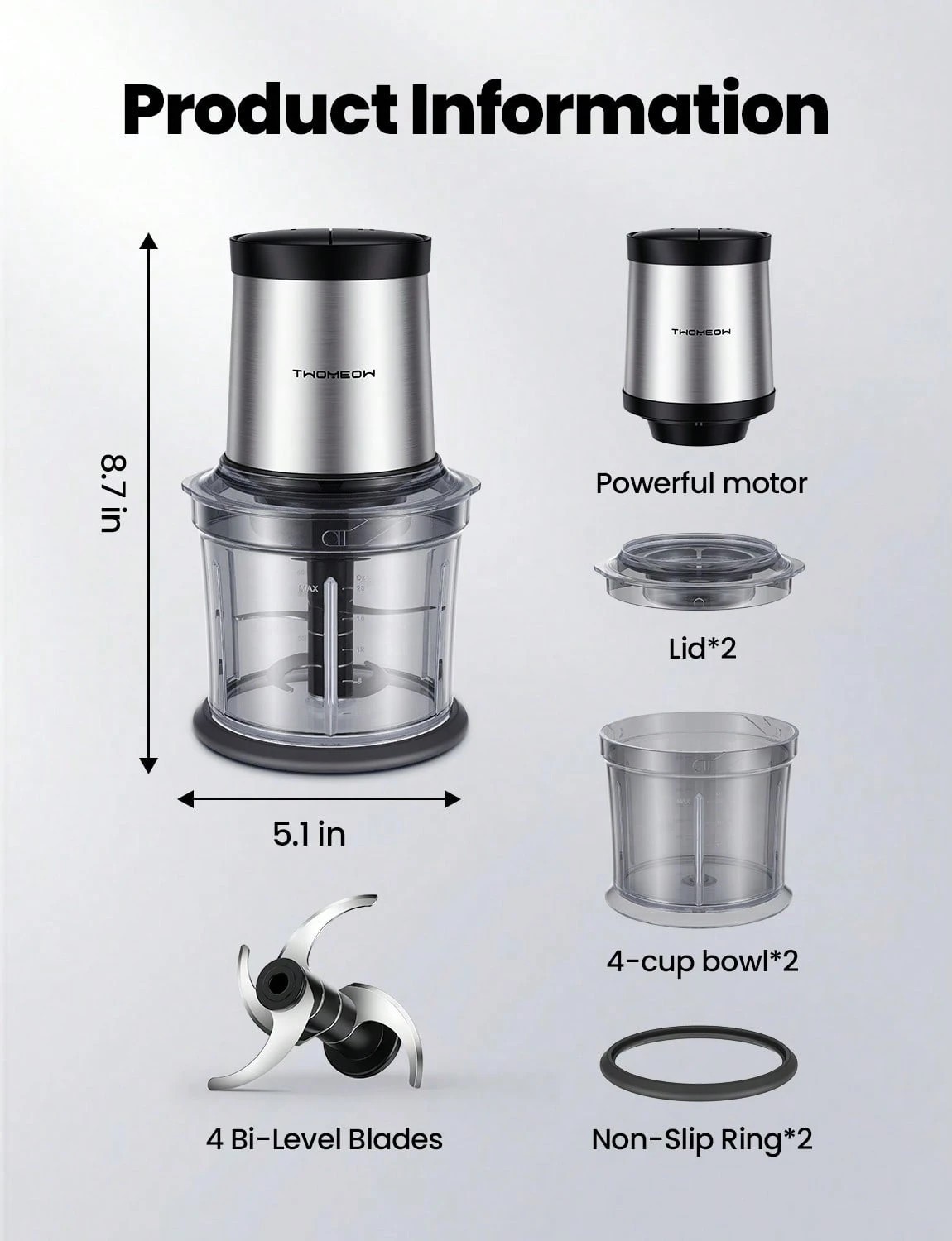 Powerful 4 Cup Electric Food Chopper Sleek 2 Bowl Meat Grinder Dicer and Process