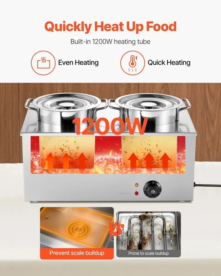 Electric Soup Warmer Two 6.34QT Stainless Steel Round Pot with 86~185 Fahrenheit