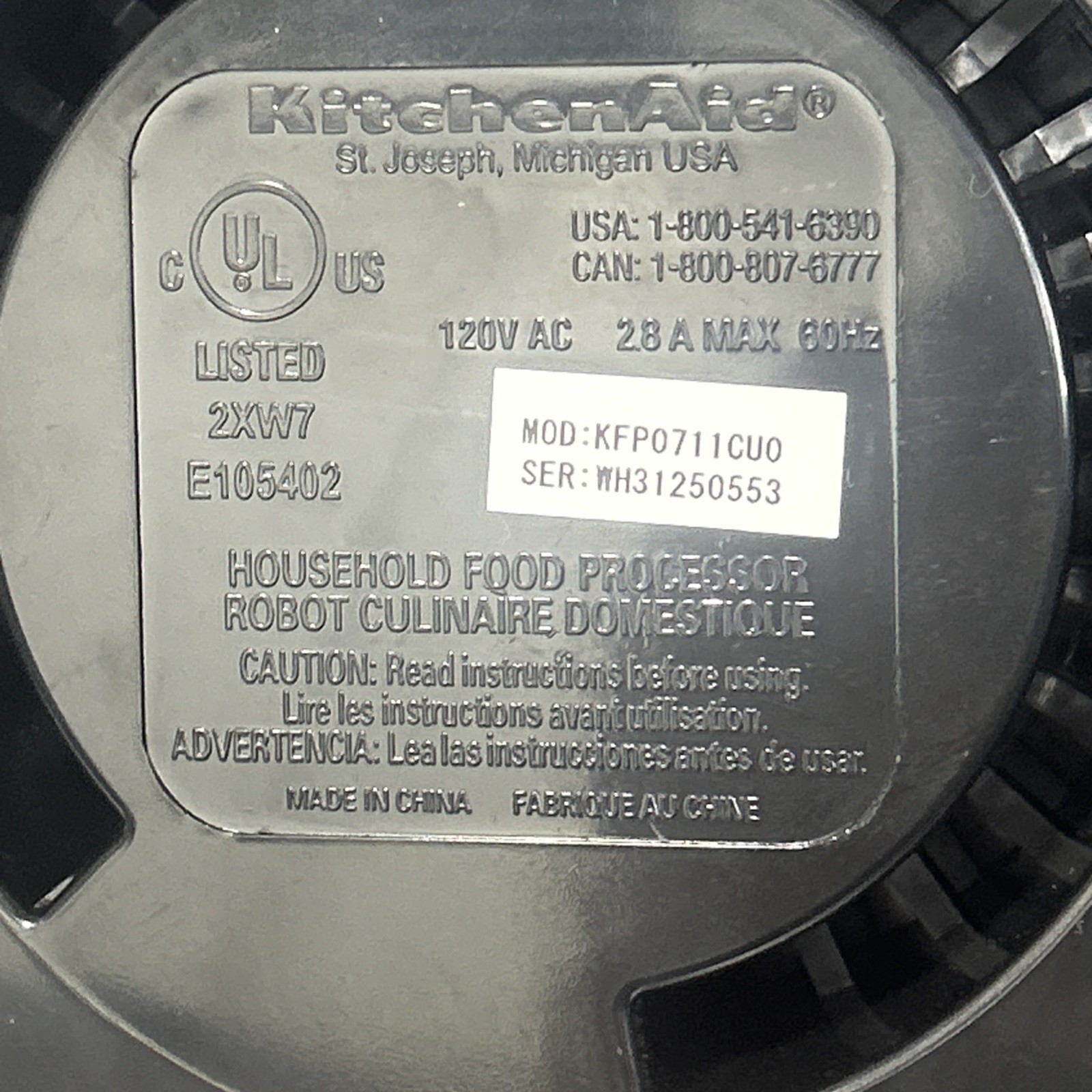 KitchenAid KFP0711CU0 Food Processor Motor Base Tested Works OEM Gray