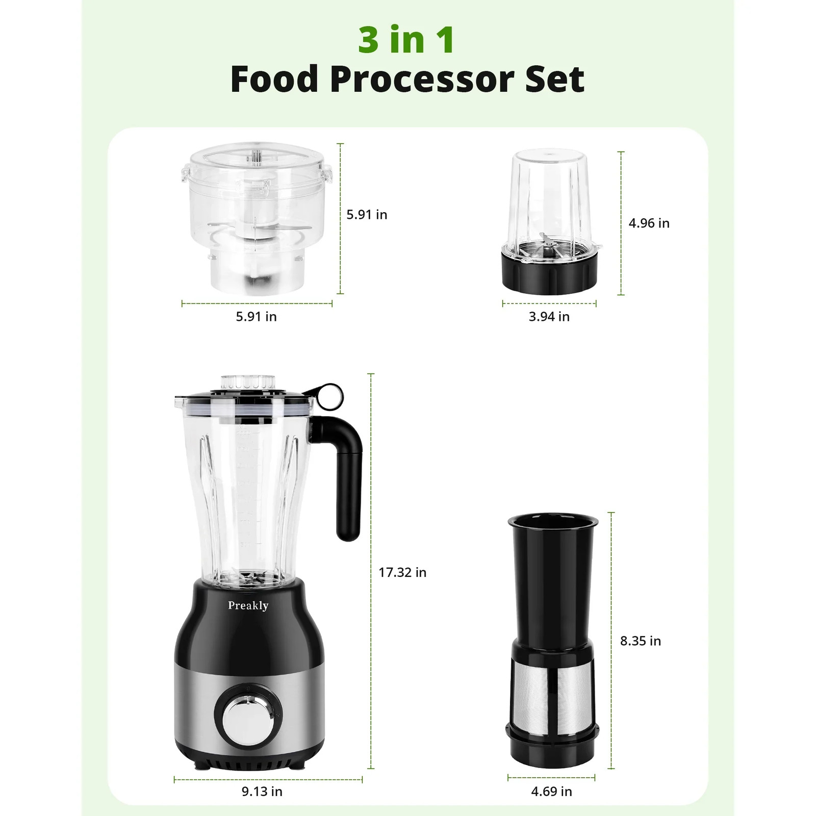 Preakly PR-006T Countertop Blender Food Processor Combo, 4 in 1 Kitchen Electric