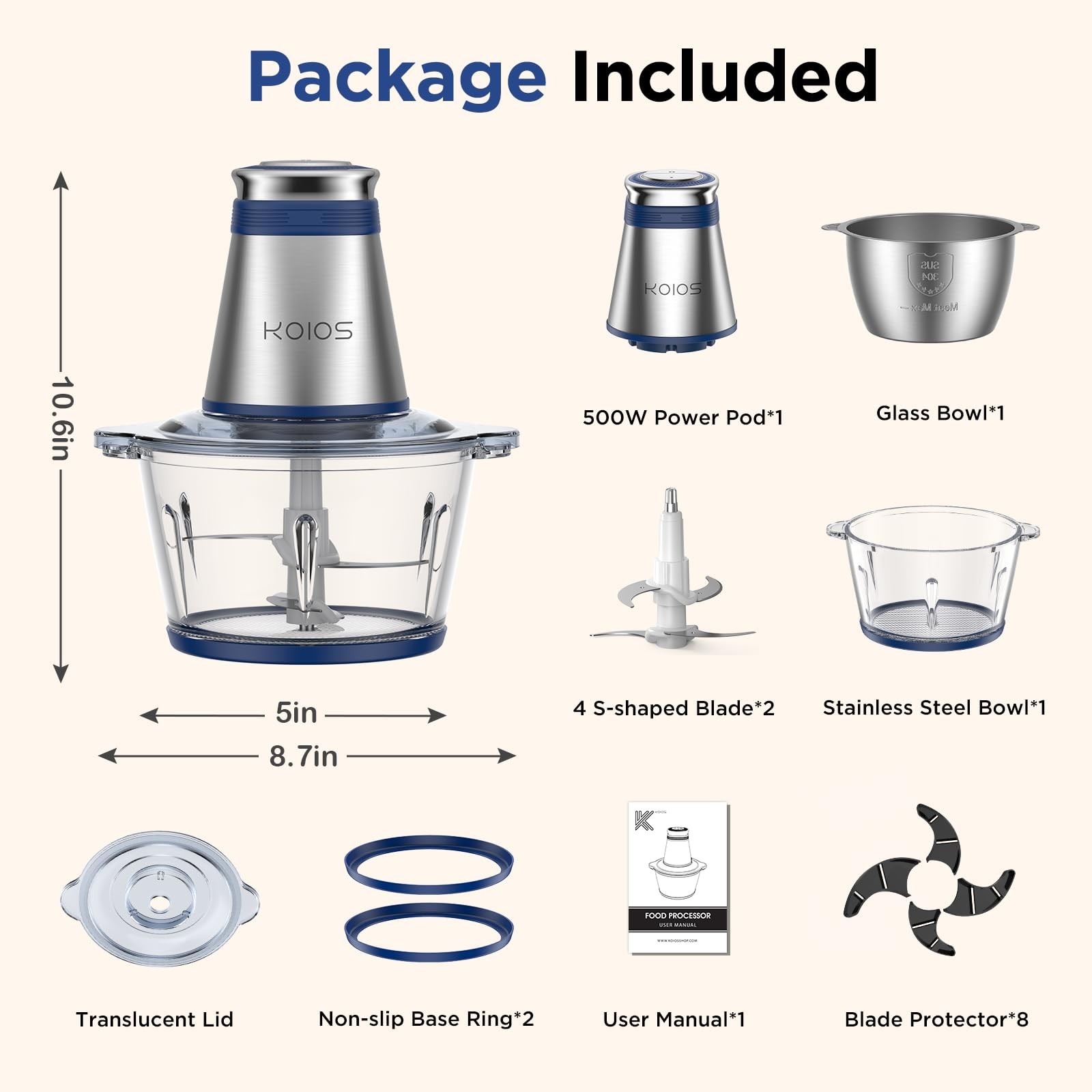 Food Processor, 500W Electric Food Chopper with 2 Bowls (8 Cup+8 Cup) & 2 Bi-…