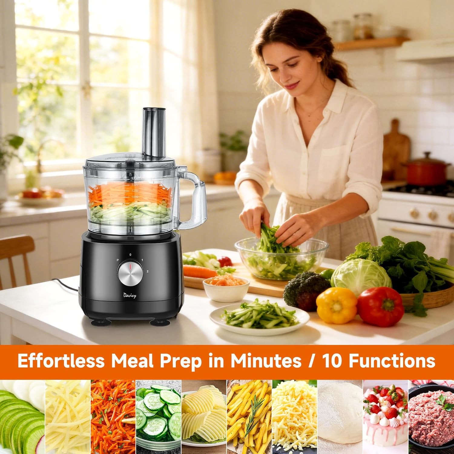 7-Cup Food Processor with Built-In Storage Drawer | 600W Motor, 10-Blade Set for