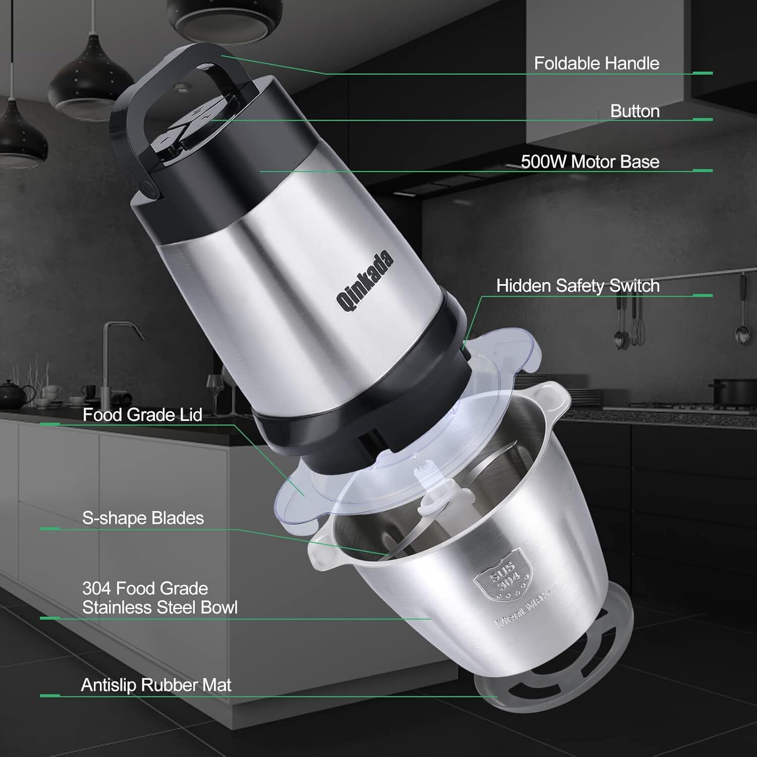 Food Processor, 500 Watt Grinder, 14 Cup Stainless Steel Bowl, 4 Double Blades