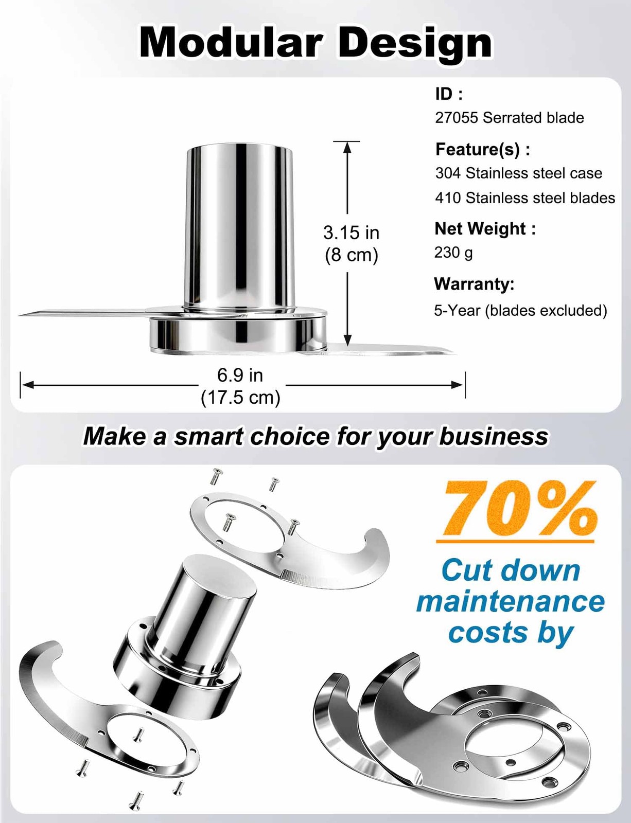 27055 S Blade for Robot Coupe Food Processor R2, R2N, R2B, R2U, R201, Stainless