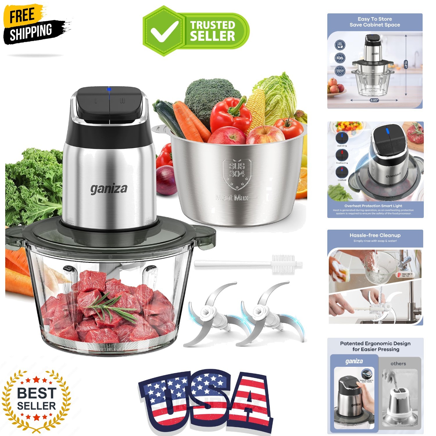 Food Processor, 2-Speed Food Chopper Meat Grinder with 8 Cup Stainless Steel …