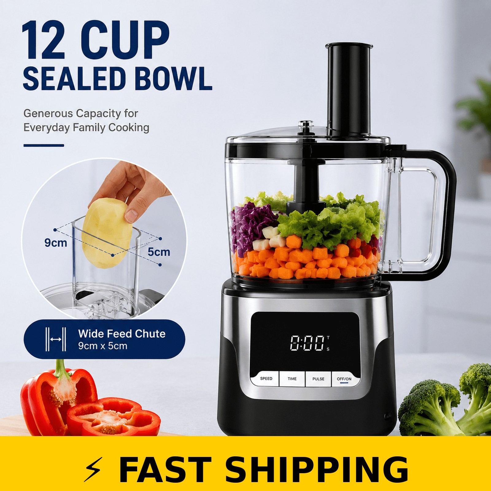 Hicloud 12-Cup Food Processor with 3-Speed Settings