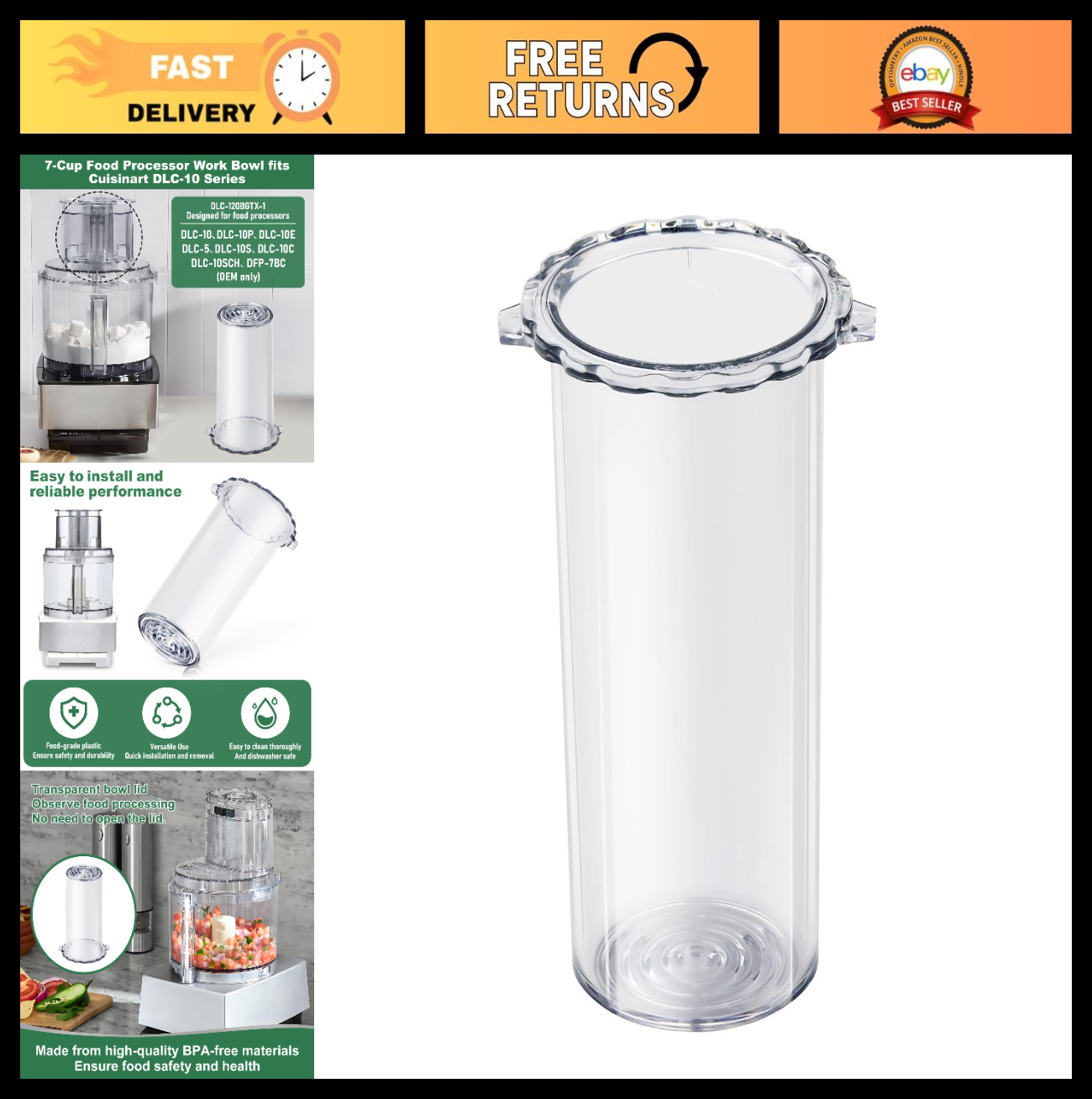 Large Locking Pusher Replacement for Cuisinart Food Processors DLC-5, DLC-10C, D