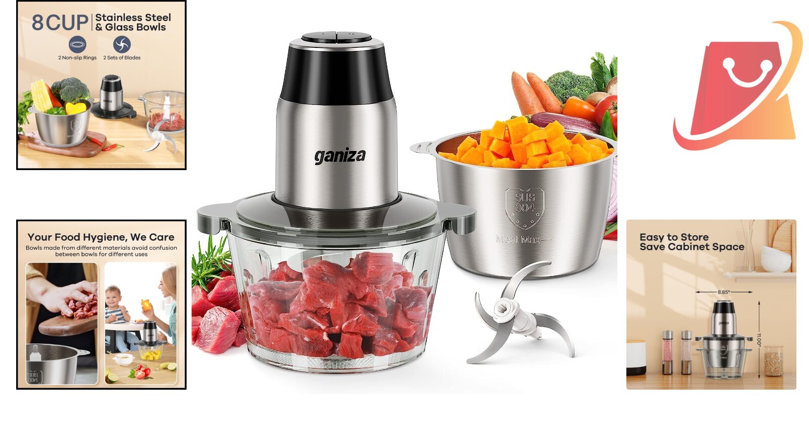 Electric Food Processor 8 Cup 450W Chopper Meat & Veggie 2 Speed Kitchen Helper