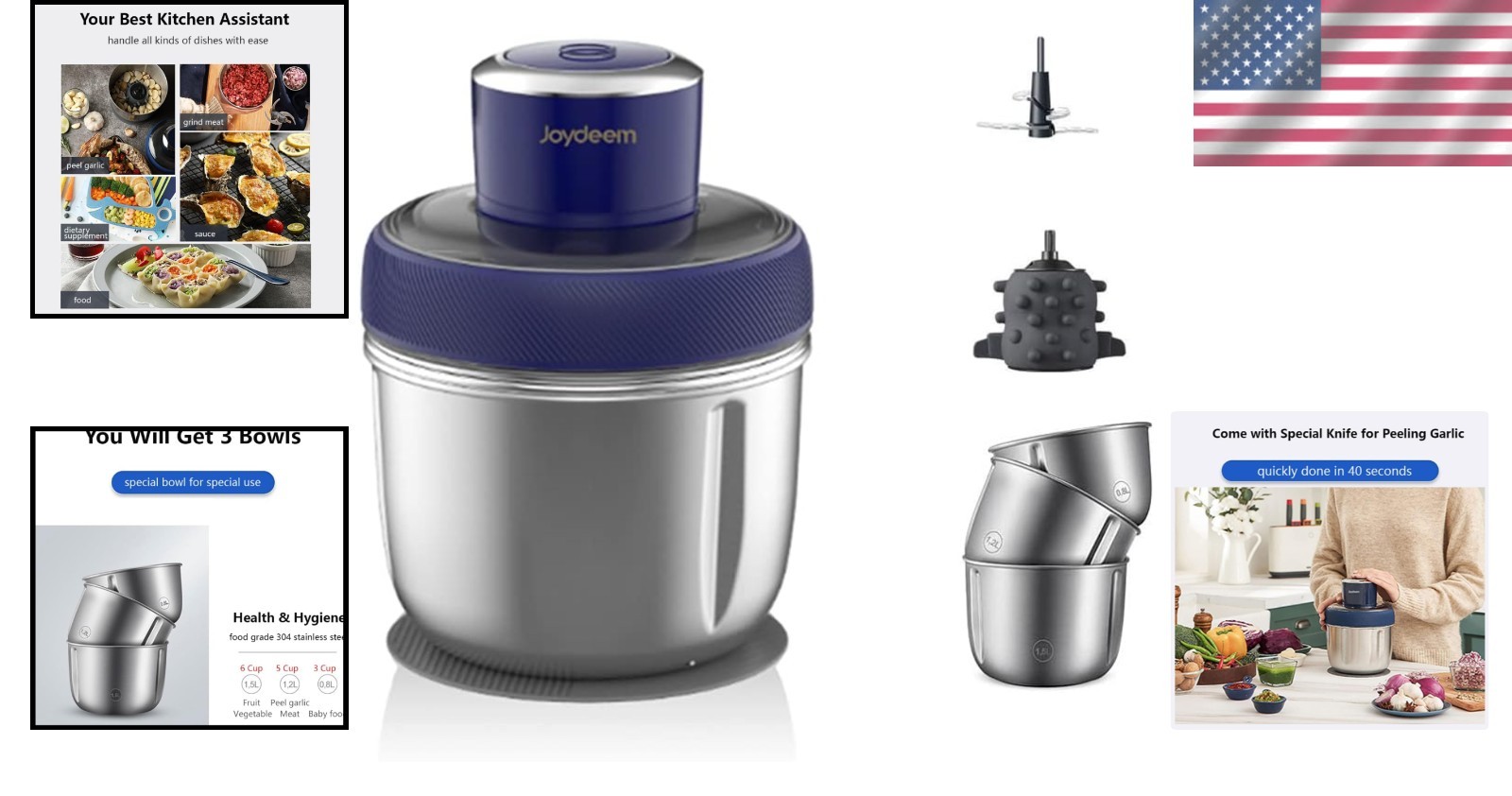 Elegant Blue Electric Food Processor & Meat Grinder with Garlic Peeler, 3 Bowls