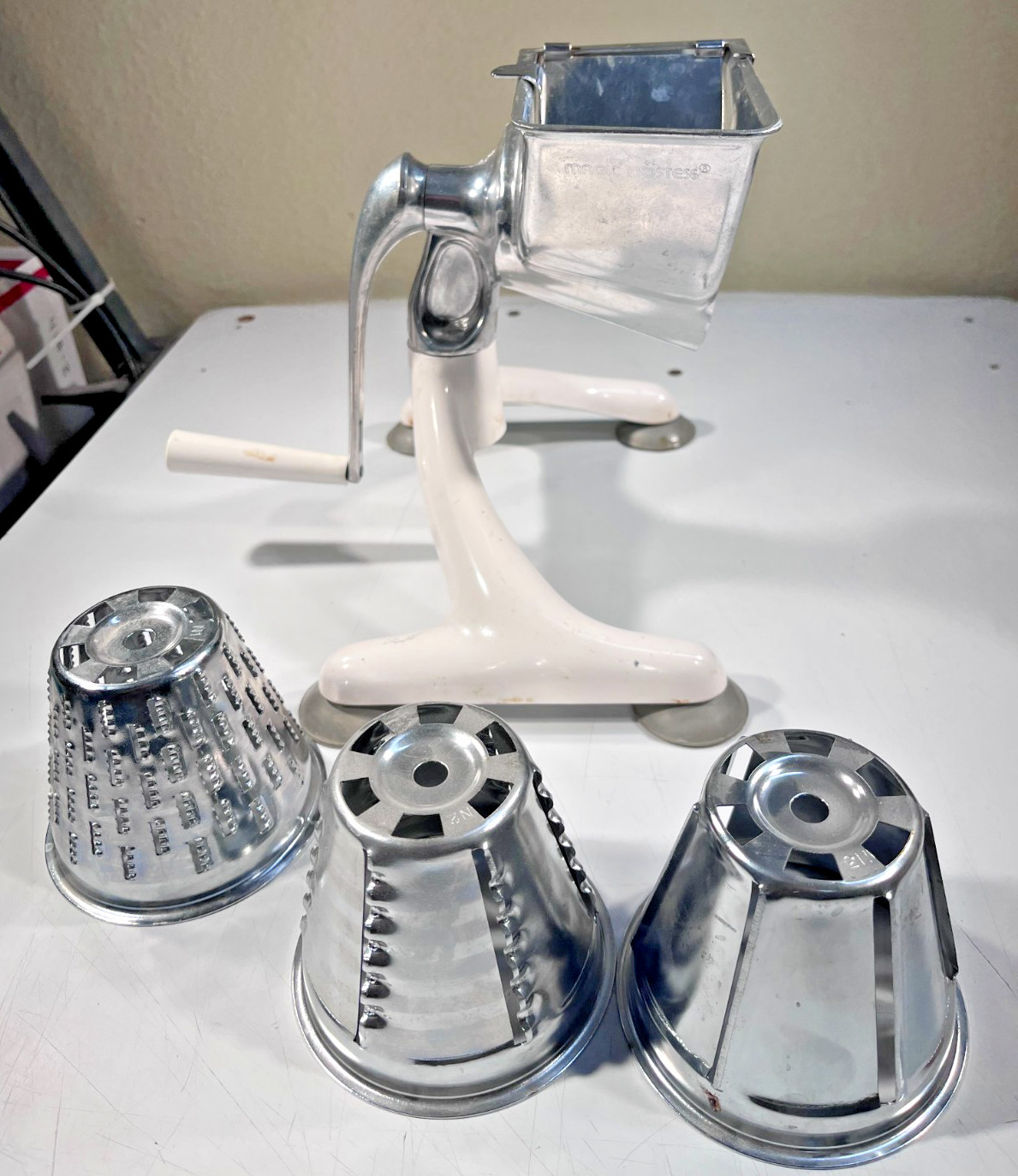 Vintage Magic Hostess Manual Crank Food Processor / Grater w/ 3 Cones