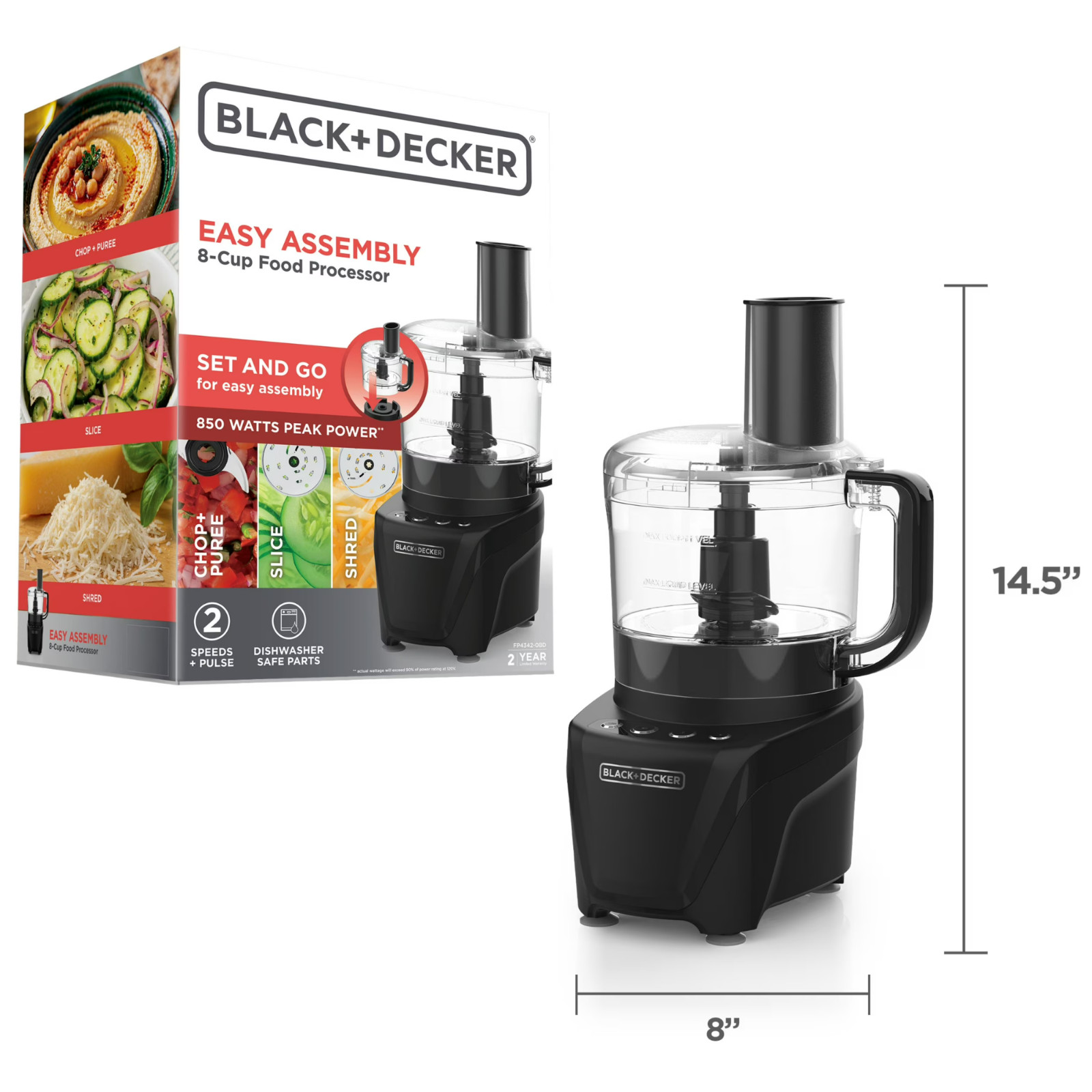 BLACK+DECKER Food Processor 8 Cup 850W Slice Shred Chop Puree Pulse