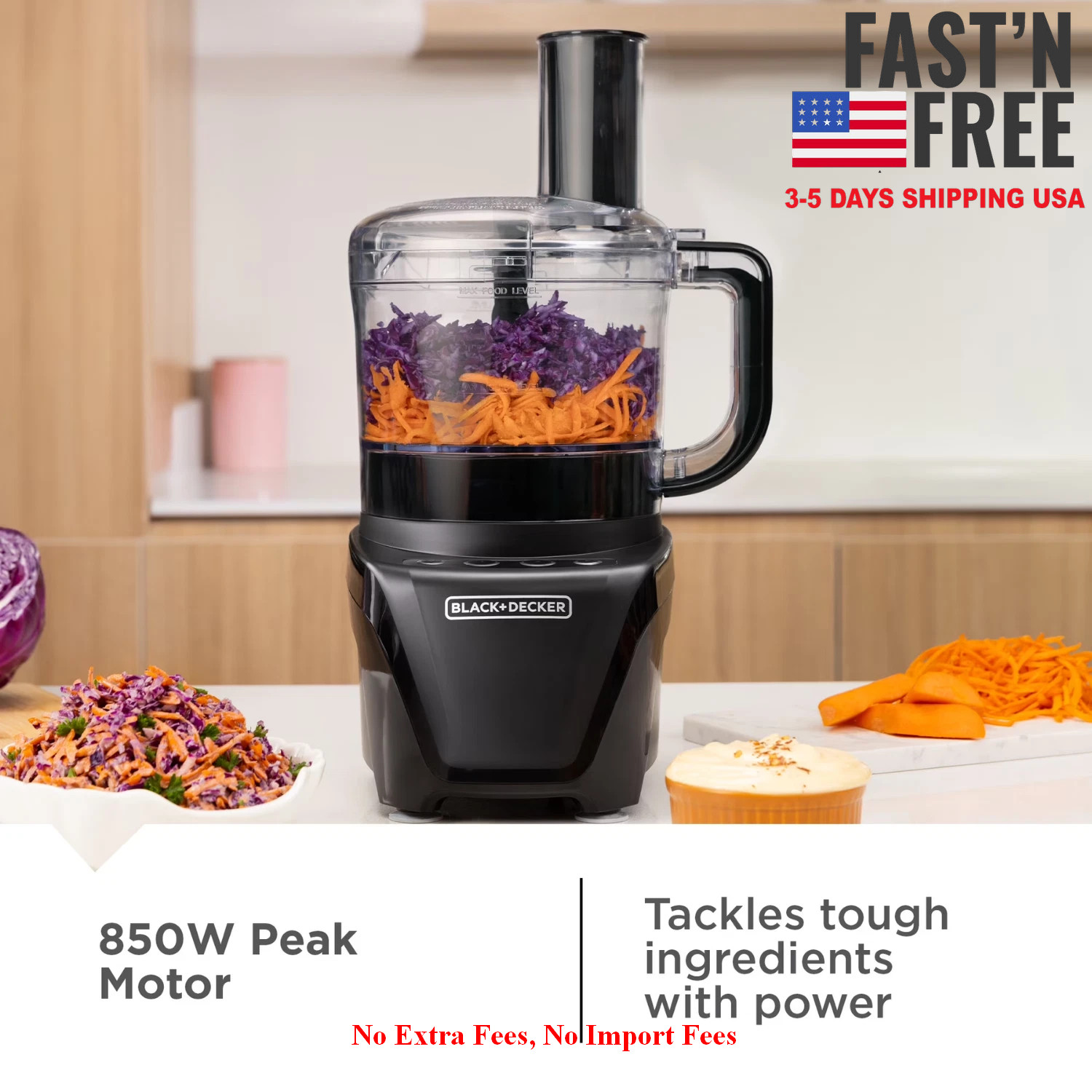 BLACK+DECKER 8 Cup Food Processor 850W 2 Speed Pulse Chop Slice Shred, NEW USA