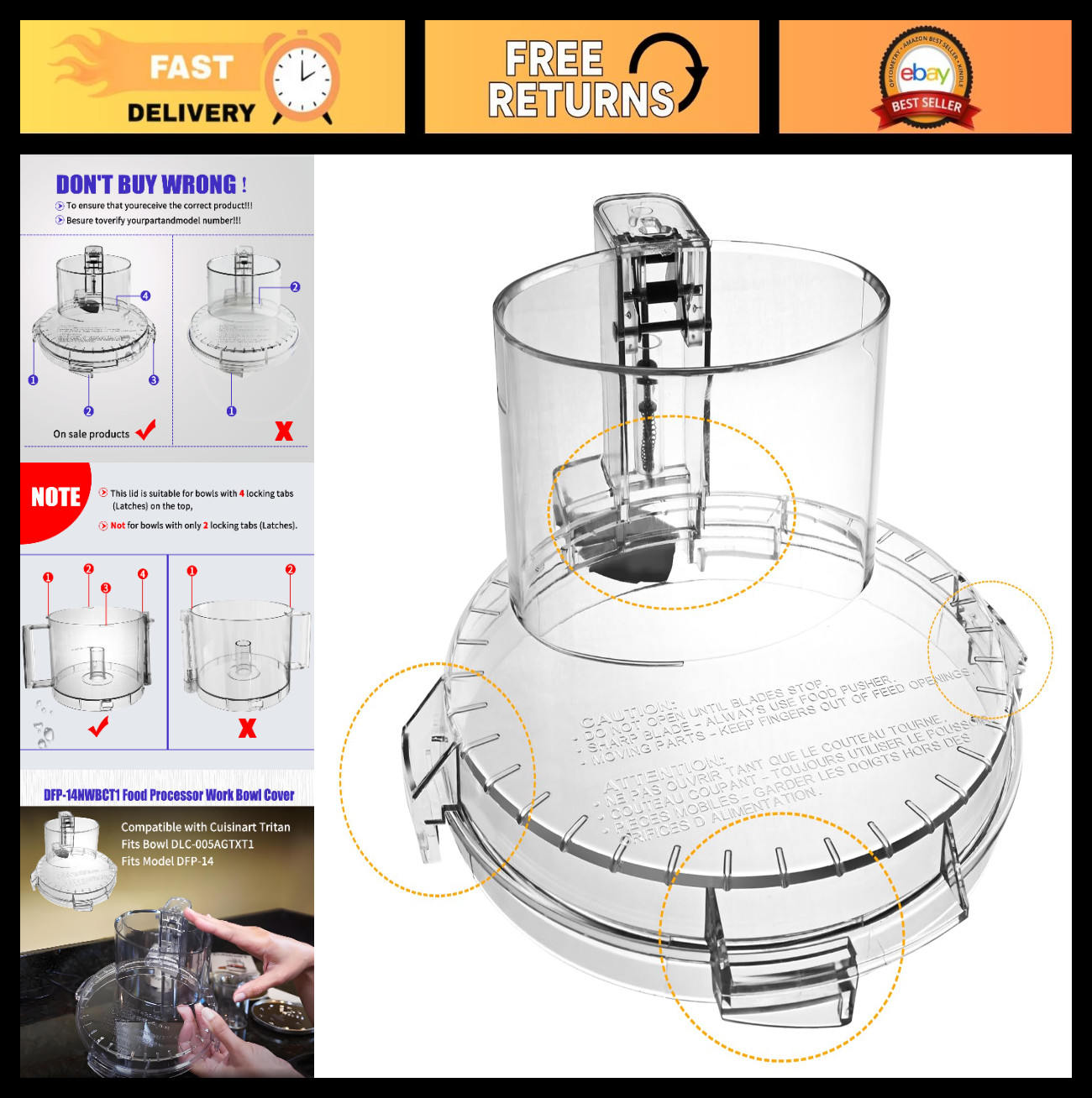 Clear Food Processor Work Bowl Cover with 4 Locking Tabs – Fits DFP-14 Models, T