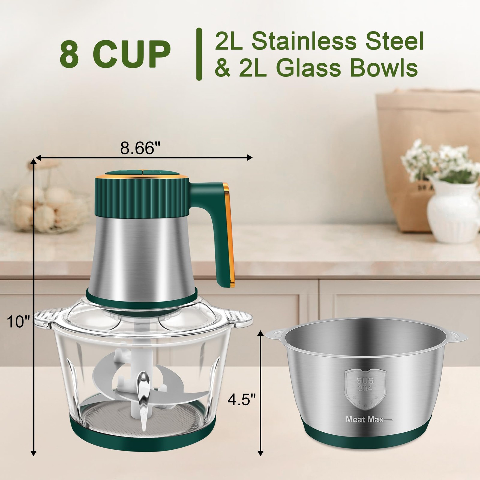 Food Processor, 5-Speed Electric Food Chopper, Meat Grinder with 2 Bowls (8 C…