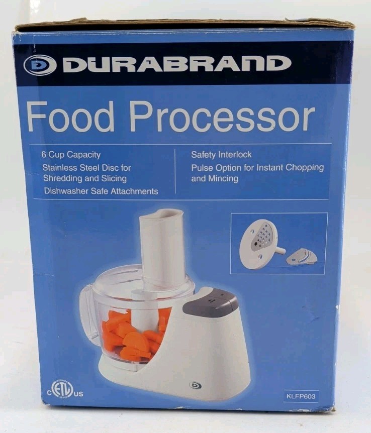 Durabrand 6 Cup Food Processor KLFP603 White New Open Box Slicing Shredding Disc