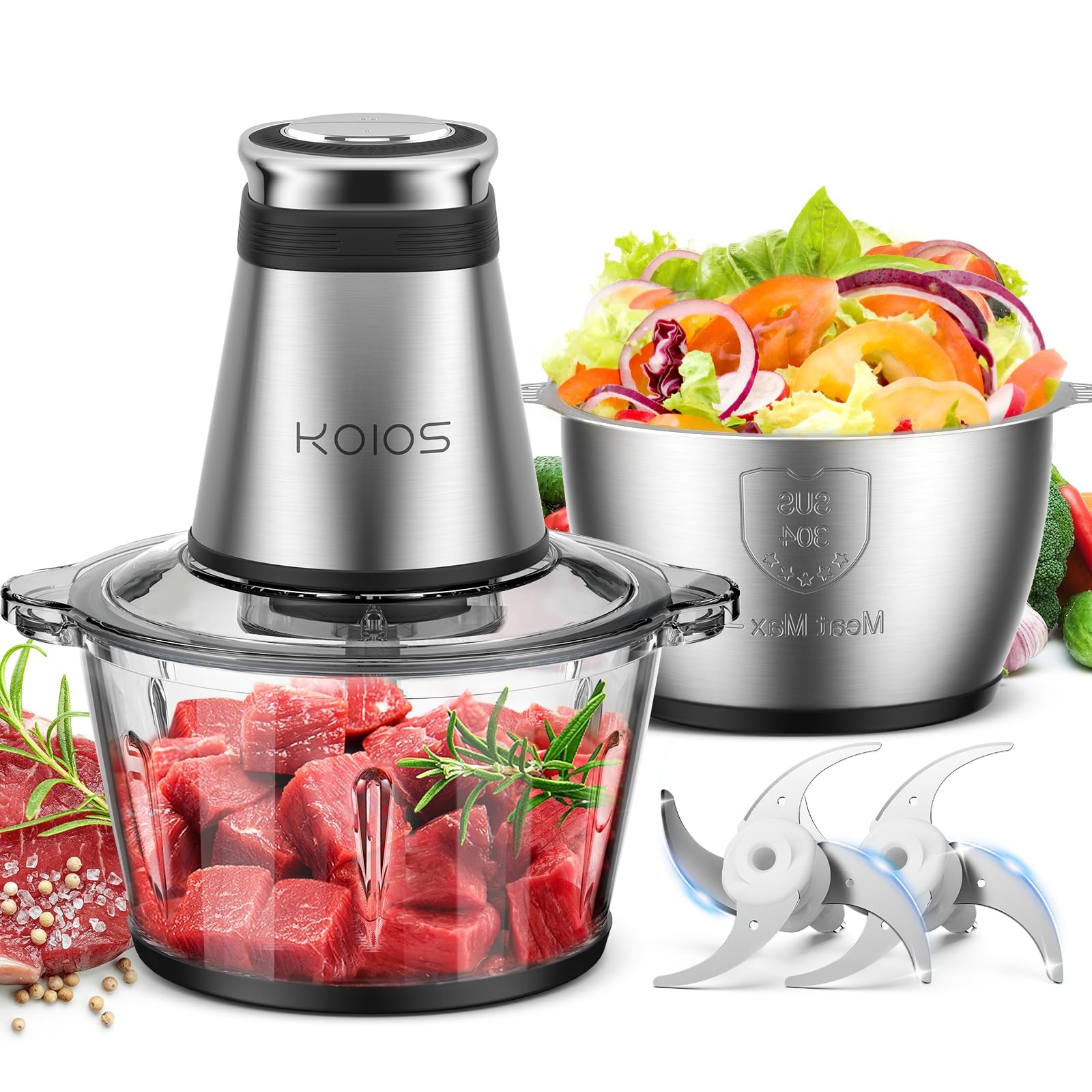 KOIOS 500W Electric Food Chopper with 2 Bowls, 2 Blades, Black