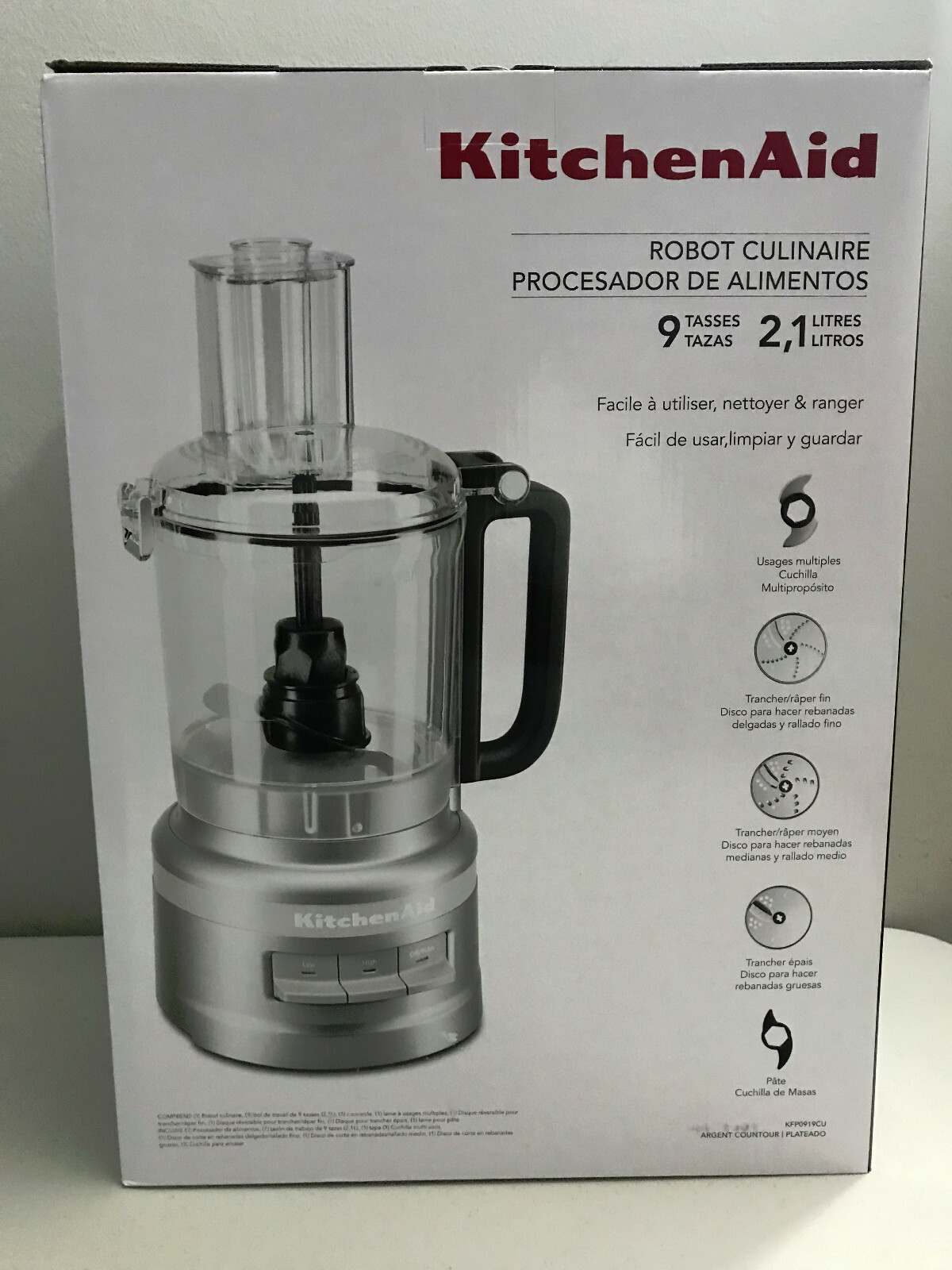 KitchenAid KFP0919 9 Cup Food Processor Plus Silver Chop Puree Knead Shred Slice